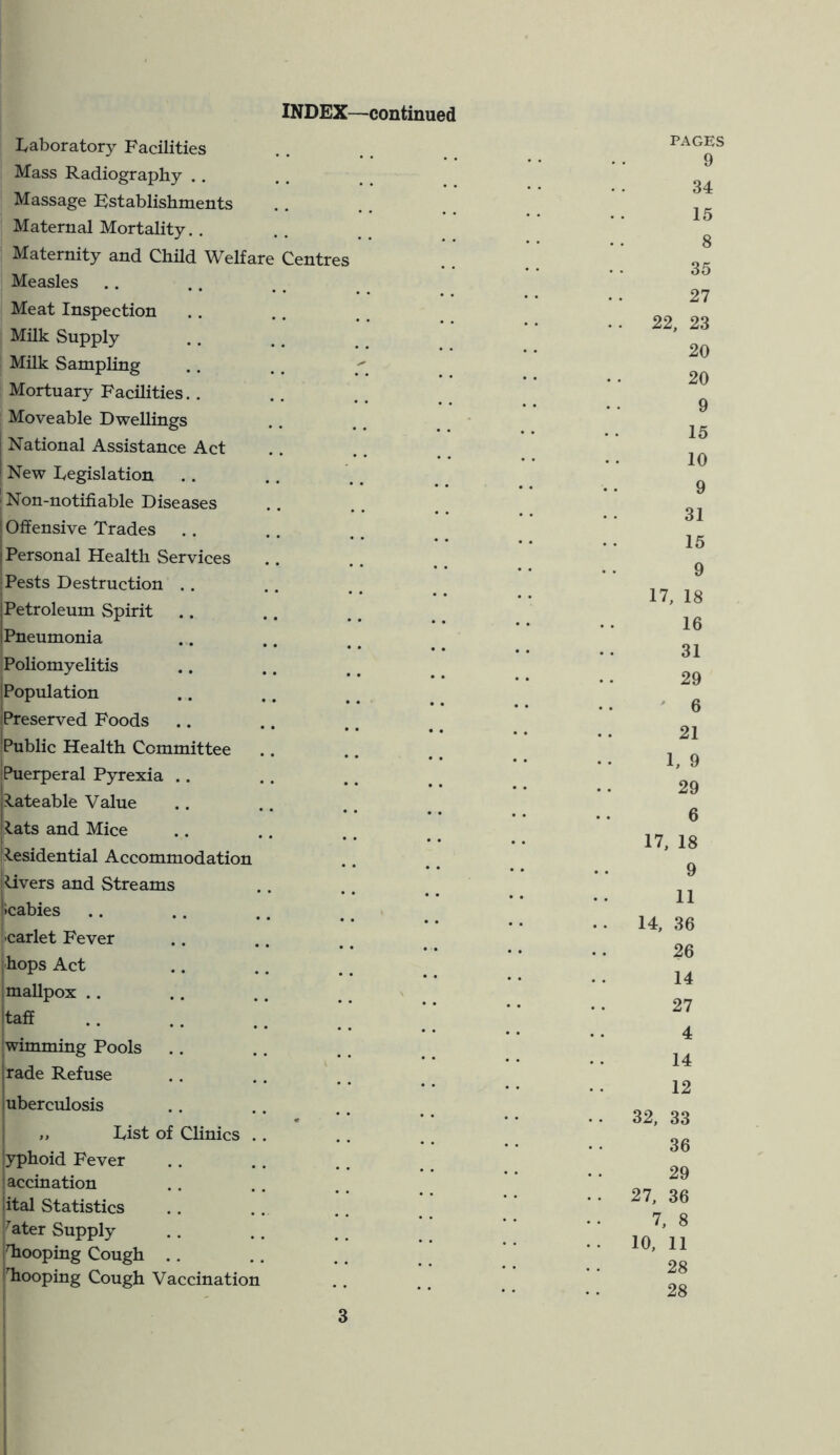 INDEX—continued Laboratory Facilities Mass Radiography .. Massage Establishments Maternal Mortality. . Maternity and Child Welfar Measles Meat Inspection Milk Supply Milk Sampling Mortuary Facilities Moveable Dwellings National Assistance Act i New Legislation | Non-notifiable Diseases i Offensive Trades Personal Health Services •Pests Destruction . . Petroleum Spirit IPneumonia Poliomyelitis Population (Preserved Foods Public Health Committee [Puerperal Pyrexia .. Rateable Value Rats and Mice iResidential Accommodation Rivers and Streams jlcabies carle t Fever [hops Act jmallpox .. taff jwimming Pools fade Refuse Centre tuberculosis ,, List of Clinics .. lyphoid Fever jaccination ital Statistics rater Supply pooping Cough pooping Cough Vaccination PAGES 9 34 15 8 35 27 22, 23 20 20 9 15 10 9 31 15 9 17, 18 16 31 29 6 21 1, 9 29 6 17, 18 9 11 14, 36 26 14 27 4 14 12 32, 33 36 29 27, 36 7, 8 10, 11 28 28