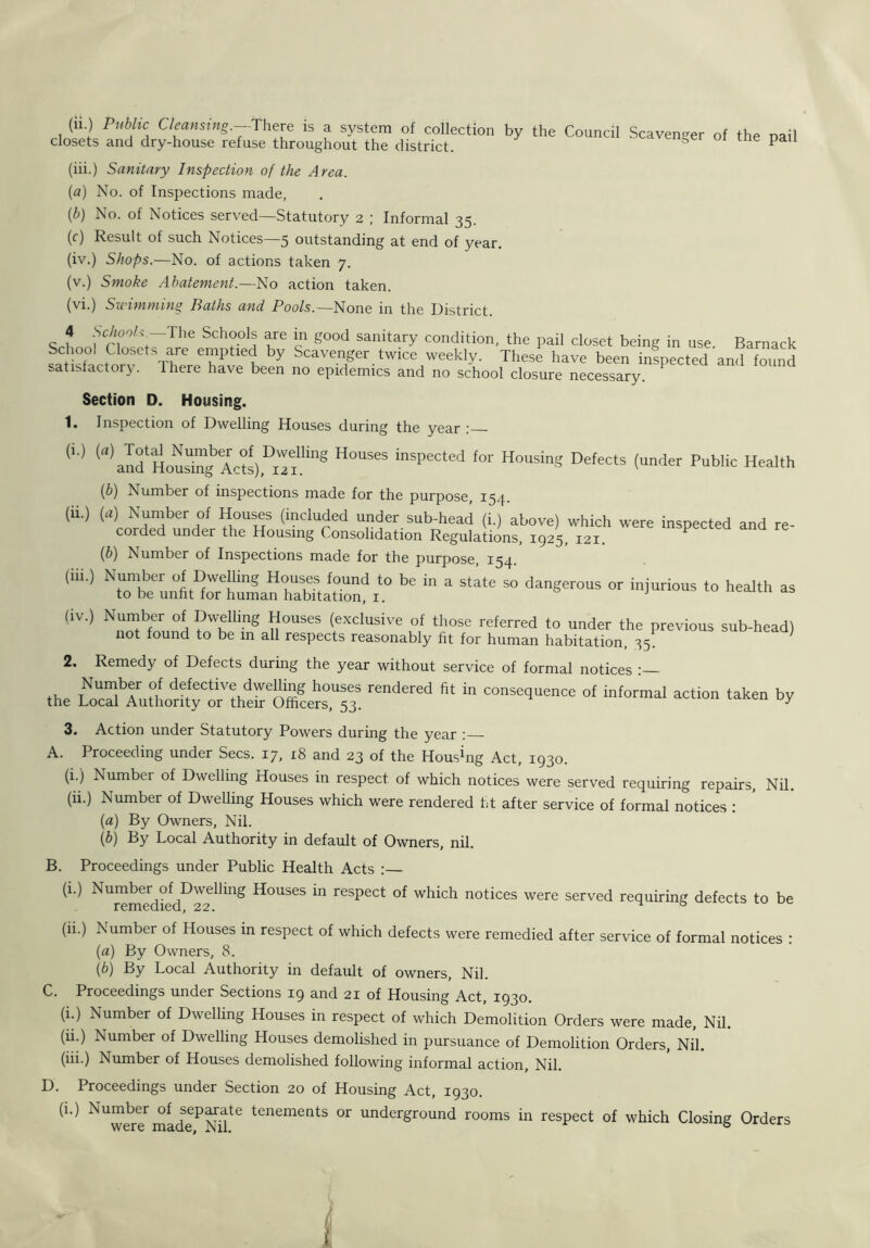 (li.) Pjlbhc Cleansing - There is a system of collection by the Council Scavenger of the nail closets and dry-house refuse throughout the district. tne pau (iii.) Sanitary Inspection of the Area. (a) No. of Inspections made, (b) No. of Notices served—Statutory 2 ; Informal 35. (0 Result of such Notices—5 outstanding at end of year. (iv.) Shops.—No. of actions taken 7. (v.) Smoke Abatement..—No action taken. (vi.) Swimming Baths and Pools.—None in the District. 4 Schools.—:The Schools are in good sanitary condition, the pail closet being in use Barnack School Closets are emptied by Scavenger twice weekly. These have been inspected and found satisfactory. There have been no epidemics and no school closure necessary. Section D. Housing. 1. Inspection of Dwelling Houses during the year : (1° (a) HouSlJ Acts)H°USeS inSpected for HousinS Defects (under Public Health (b) Number of inspections made for the purpose, 154. <“•> <*>SSberf>' H°Ui? (incl^ed under sub-head (i.) above) which were inspected and re- corded under the Housing Consolidation Regulations, 1925, 121. {b) Number of Inspections made for the purpose, 154. “tTtelmlttotSJSSi0 be a S‘ate S° danger°US °r iniuri°US to health as <iV,) NS*S,nd l?OUSeS (,exclusive °,f *lMse referred to under the previous sub-head) not found to be m all respects reasonably fit for human habitation, 35. (iii. 2. Remedy of Defects during the year without service of formal notices the rendered ^ iD C°nSeqUenCC °‘ informal action tak“ by 3. Action under Statutory Powers during the year : A. Proceeding under Secs. 17, r8 and 23 of the Housing Act, 1930. (i.) Number of Dwelling Houses in respect of which notices were served requiring repairs, Nil. (ii.) Number of Dwelling Houses which were rendered ht after service of formal notices : (a) By Owners, Nil. (b) By Local Authority in default of Owners, nil. B. Proceedings under Public Health Acts :— (i-) NUrem?diedDr2eilinS H°USeS in resPect of which notices were served requiring defects to be (11.) Number of Houses in respect of which defects were remedied after service of formal notices : (a) By Owners, 8. (b) By Local Authority in default of owners. Nil. C. Proceedings under Sections 19 and 21 of Housing Act 1930 (i.) Number of Dwelling Houses in respect of which Demolition Orders were made, Nil. (ii.) Number of Dwelling Houses demolished in pursuance of Demolition Orders, Nil. (iii.) Number of Houses demolished following informal action. Nil. D. Proceedings under Section 20 of Housing Act, 1930.