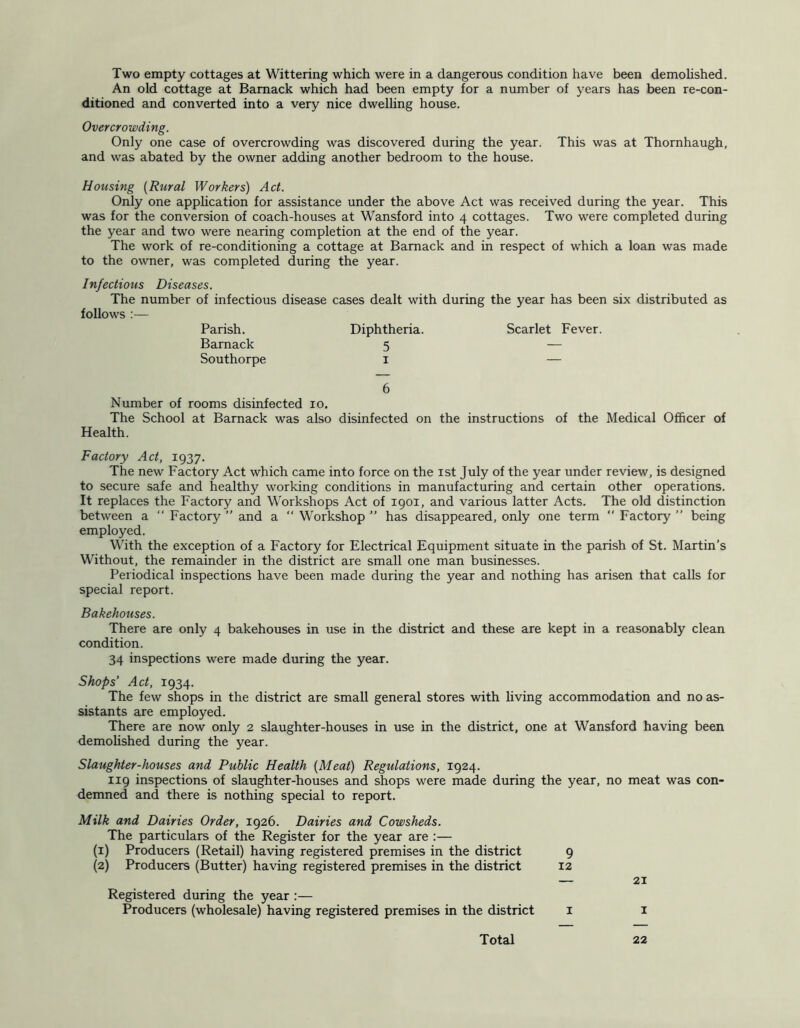 An old cottage at Bamack which had been empty for a number of years has been re-con- ditioned and converted into a very nice dwelling house. Overcrowding. Only one case of overcrowding was discovered during the year. This was at Thornhaugh, and was abated by the owner adding another bedroom to the house. Housing {Rural Workers) Act. Only one apphcation for assistance under the above Act was received during the year. This was for the conversion of coach-houses at Wansford into 4 cottages. Two were completed during the year and two were nearing completion at the end of the year. The work of re-conditioning a cottage at Bamack and in respect of which a loan was made to the owner, was completed during the year. Infectious Diseases. The number of infectious disease cases dealt with during the year has been six distributed as follows :— Parish. Diphtheria. Scarlet Fever. Bamack 5 — Southorpe i — 6 Number of rooms disinfected 10. The School at Bamack was also disinfected on the instructions of the Medical Officer of Health. Factory Act, 1937. The new Factory Act which came into force on the ist July of the year under review, is designed to secure safe and healthy working conditions in manufacturing and certain other operations. It replaces the Factory and Workshops Act of 1901, and various latter Acts. The old distinction between a “ Factory ” and a “ Workshop ” has disappeared, only one term  Factory ” being employed. With the exception of a Factory for Electrical Equipment situate in the parish of St. Martin’s Without, the remainder in the district are small one man businesses. Periodical inspections have been made during the year and nothing has arisen that calls for special report. Bakehouses. There are only 4 bakehouses in use in the district and these are kept in a reasonably clean condition. 34 inspections were made during the year. Shops’ Act, 1934. The few shops in the district are small general stores with living accommodation and no as- sistants are employed. There are now only 2 slaughter-houses in use in the district, one at Wansford having been demolished during the year. Slaughter-houses and Public Health {Meat) Regulations, 1924. 119 inspections of slaughter-houses and shops were made during the year, no meat was con- demned and there is nothing special to report. Milk and Dairies Order, 1926. Dairies and Cowsheds. The particulars of the Register for the year are :— (1) Producers (Retail) having registered premises in the district 9 (2) Producers (Butter) having registered premises in the district 12 — 21 Registered during the year:— Producers (wholesale) having registered premises in the district i i Total 22