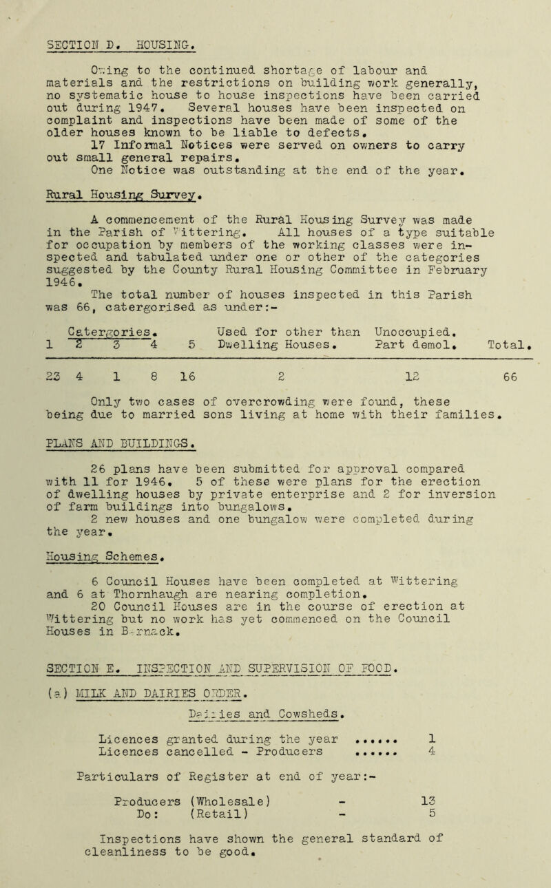 5ECTI01J D. HOUSING. Giving to the continued shortage of labour and materials and the restrictions on building work generally, no systematic house to house inspections have been carried out during 1947. Several houses have been inspected on complaint and inspections have been made of some of the older houses known to be liable to defects. 17 Informal Notices were served on owners to carry out small general repairs. One Notice was outstanding at the end of the year. Rural Housing Survey, A commencement of the Rural Housing Surve3r was made in the Parish of ’''ittering. All houses of a type suitable for occupation by members of the working classes were in- spected and tabulated under one or other of the categories suggested by the County Rural Housing Committee in February 1946. The total number of houses inspected in this Parish was 66, catergorised as under Catergories. Used for other than Unoccupied, 1 3 4 5 Dwelling Houses. Part demol. Total, 22 4 1 8 16 2 12 66 Only two cases of overcrowding were found, these being due to married sons living at home with their families, PLANS AI^D BUILDINGS. 26 plans have been submitted for approval compared with 11 for 1946, 5 of these were plans for the erection of dwelling houses by private enterprise and 2 for inversion of farm buildings into bungalows, 2 new houses and one bungalow were completed during the year. Housing Schemes, 6 Council Houses have been completed at wittering and 6 at Thornhaugh are nearing completion, 20 Council Houses are in the course of erection at Wittering but no work has yet commenced on the Council Houses in B-rnack, SECTION E, INSPECTION AND SUPERVISION OF FOOD. (a) MILK AND DAIRIES ORDER. Daj,lies and Cowsheds, Licences granted during the year ...... 1 Licences cancelled - Producers 4 Particulars of Register at end of year:- Producers (Wholesale) - 12 Do: (Retail) - 5 Inspections have shown the general standard of cleanliness to be good.
