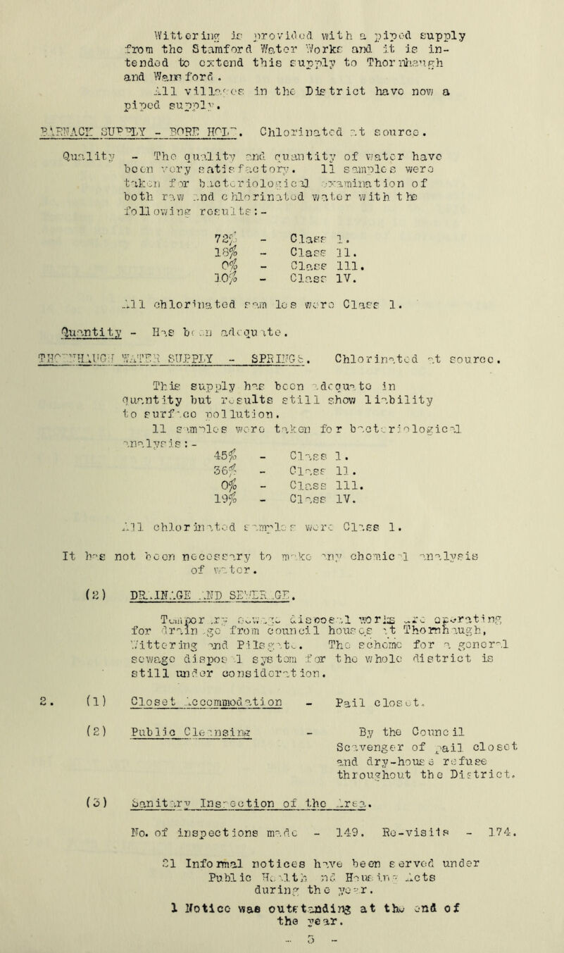 Wittering is proviso A with a piped supply from the Stamford Water Works and it is in- tended to extend this supply to Thornhaugh and Wans ford . All villages in the District have now a piped supply. ENACI-: SUV^LY - PORV HOI,Y. Chlorinatcd at source. Quality - The quality and quantity of water have he on ver y satisf aet ory. 11 s amples were taken for bacteriological examination of both raw and chlorinated water with the fo 11 ow 1 os' rosu 11 s : - 72% ~ Class i. 18fo - Class 11. 0% - Class 111. 10% - Class IV. A11 ohlorinated ram los woro Class 1. Quantity - Has bean adequate. 'T7H.;UG:T WaTYH BITPPIY - SPBINQS. Chlorinated at source. This supply has been adc qua to in q ua ,nt ity hut results still s how 1 i ability to surf a cc pollution » 11 s amnios were taken fo r bact eri o logical ana , lysis • _ 45 % Class 1. 36f: Class 13 . 0% Class 111. 19% Class IV. A13. c h 1 o r in a t e d s amp 1c s wo r c Cl a s s 1. It has not been necessary to make any chemical analysis of water. (2 ) DU. IN AGE AND SEVER.-C-E. T %m po r . r y o ^ w a a disooe -a 1 wo rias -fo operating for drain ..go from council houses at Thomnaugh, Wittering and Pi Is gate The scheme for a general sewage disposal system for the whole district is stil1 undor considcration. (1) Closet Ac e o mmod ation Pail closet. (2) Pub lie Cleansing By the Council Scavenger of pail closet and dry-house refuse throughout the District. (3) ban itary Inspection of the Area. No. of inspections made - 14-9. Be - vis it f* - 374. Cl Informal notices have been served under Publ ic He a3. t h n d Ho us in a Acts during the year. 1 Notice- wae outstanding at thw end of the year.