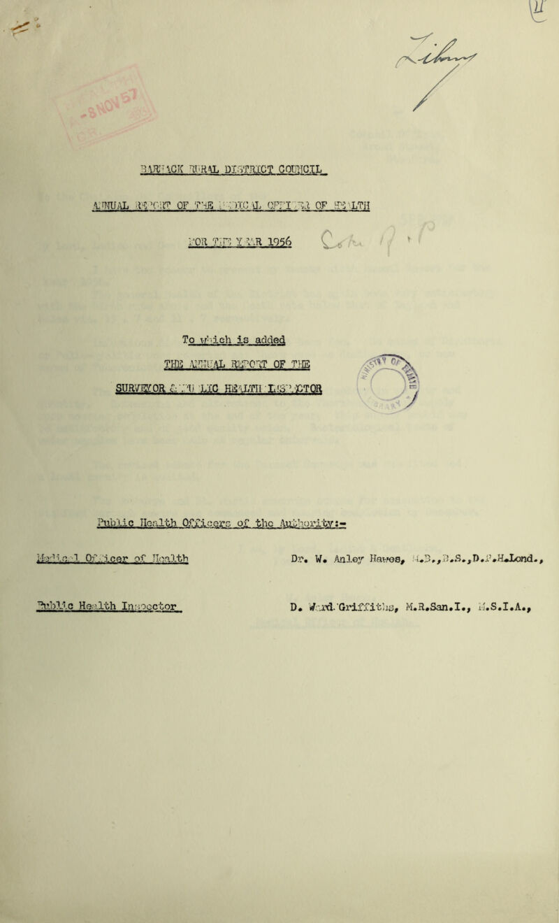PiRPiCK R1RAL DISTRICT COUNCIL anwAL it ’C;^ of thjs loxcg orn pr or health I 'OR Y b.R 1956 ( ■ > I To w'dch is added THE /MUTUAL REPORT OF THE SURVEYOR c.r. 'li LlC HEiLTII L'bUiCTOR Public Health OfxicerG or the Authority:- 1 Of..iccr of Health Public Health Inspector D• ifi/bi'cl- Guifi,l’c.iiij M» R# San* I • j u*S«X«A«^