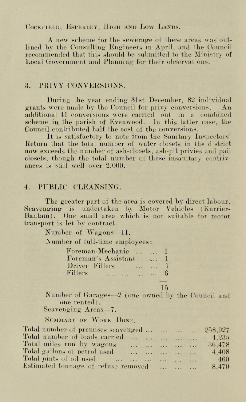 CoCKKIKU), EsPKKEKY, lllOIl ANI) Low IjANDK. A new scheme for the sewerage of these areas was out- lined by the Consulting Engineers m April, and the ('ouneil recommended that this should be submitted to the Ministry of Local Government and Planning; for their observat oils. 3. PRIVY CONVERSIONS. During- the year ending 31st December, 82 individual grants were made by the Council for privy conversions. An additional 41 conversions were carried out in a combined scheme in the parish of Even wood. In this latter case, the Council contributed half the cost of the conversions. It is satisfactory to note from the Sanitary Inspectors' Return that the total number of water closets in the d strict now exceeds the number of ash-closets, ash-pit privies and pail closets, though the total number of these insanitary contriv- ances is still well over 2.000. 4. PT’BLIC CLEANSING. The greater part of the area is covered by direct labour. Scavenging is undertaken by Motor Vehicles (Ivarrier- Bantam). One small area which is not suitable for motor transport is let by contract. Number of Wagons—11. Number of full-time employees: Foreman-Mechanic 1 Foreman’s Assistant ^.. 1 Driver Fillers 7 Fillers 6 15 Number of Garage.'—2 (one owned by the Council and one rented ). Scavenging Areas—7. Sl'AlM.AUY OK WoKlv DoNE. Total number of premises scavenged 238,927 Total number of loads carried 4,233 Total miles run by wagons 30,478 Total gallons of petrol used 4,408 TotaI pints < >f oil used 400 Estimated tonnage of refuse removed 8,470