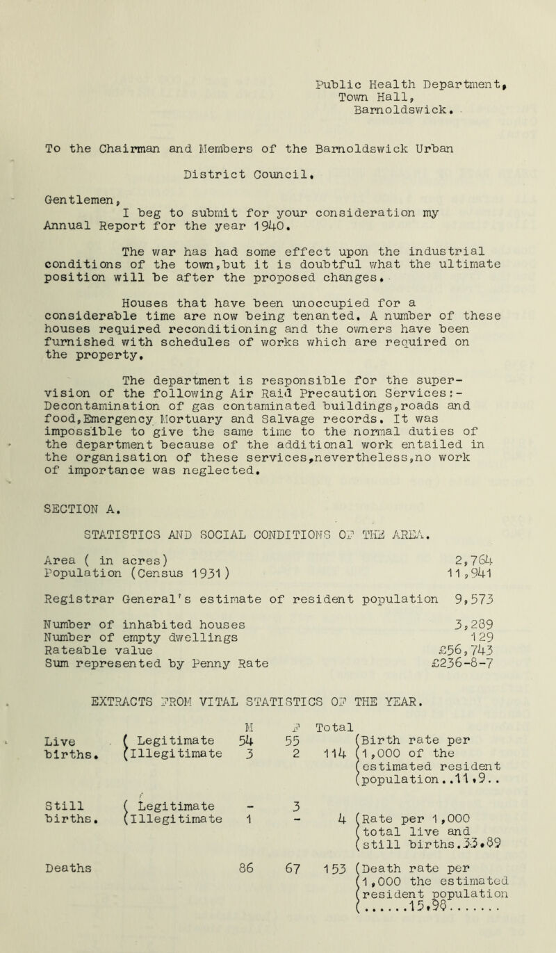 PulDlic Health Department> Tov/n Hall, Barnoldsv/ick. To the Chairman and Memhers of the Bamoldswick Urban District Go-uncil, Gentlemen, I beg to submit for your consideration my Annual Report for the year 1940. The war has had some effect upon the industrial conditions of the town,but it is doubtful what the ultimate position will be after the proposed changes. Houses that have been unoccupied for a considerable time are now being tenanted, A mmiber of these houses required reconditioning and the owners have been furnished with schedules of works which are required on the property. The department is responsible for the super- vision of the following Air Raid Precaution Services Decontamination of gas contaminated buildings,roads and food,Emergency Mortuary and Salvage records. It was impossible to give the same time to the normal duties of the department because of the additional work entailed in the organisation of these services,nevertheless,no work of importance was neglected. SECTION A. STATISTICS AND SOCIAL CONDITIONS OP THE AREA. Area ( in acres) 2,764 population (Census 1931) 11,941 Registrar General’s estimate of resident population 9,573 Number of inhabited houses 3,239 Number of empty dwellings 1 29 Rateable value £56,743 Sum represented by Penny Rate £236-8-7 EXTPJICTS PROH VITAL STATISTICS OP THE YEAR. M P Total Live ( Legitimate 54 55 ( 'Birth rate per births. (illegitimate 3 2 114 ( ( [ 1,000 of the 'estimated resident ,population,.11.9.. Still ( Legitimate 3 births, (illegitimate 1 - 4 ( [Rate per 1,000 total live and [still births.33*89 Deaths 86 67 153 ( [Death rate per 1,000 the estimated resident population 15.95