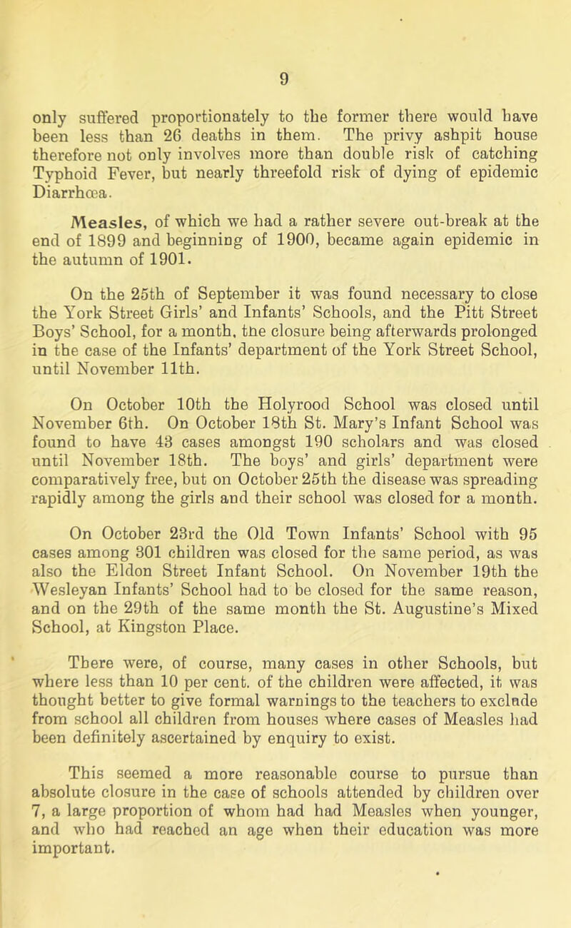 only suffered proportionately to the former there would have been less than 26 deaths in them. The privy ashpit house therefore not only involves more than double risk of catching Typhoid Fever, but nearly threefold risk of dying of epidemic Diarrhoea. Measles, of which we had a rather severe out-break at the end of 1899 and beginning of 1900, became again epidemic in the autumn of 1901. On the 25th of September it was found necessary to close the York Street Girls’ and Infants’ Schools, and the Pitt Street Boys’ School, for a month, tne closure being afterwards prolonged in the case of the Infants’ department of the York Street School, until November 11th. On October 10th the Holyrood School was closed until November 6th. On October 18th St. Mary’s Infant School was found to have 48 cases amongst 190 scholars and was closed until November 18th. The boys’ and girls’ department were comparatively free, but on October 25th the disease was spreading rapidly among the girls and their school was closed for a month. On October 23rd the Old Town Infants’ School with 95 cases among 301 children was closed for the same period, as was also the Eldon Street Infant School. On November 19th the Wesleyan Infants’ School had to be closed for the same reason, and on the 29th of the same month the St. Augustine’s Mixed School, at Kingston Place. There were, of course, many cases in other Schools, but where less than 10 per cent, of the children were affected, it was thought better to give formal warnings to the teachers to exclude from school all children from houses where cases of Measles had been definitely ascertained by enquiry to exist. This seemed a more reasonable course to pursue than absolute closure in the case of schools attended by children over 7, a large proportion of whom had had Measles when younger, and who had reached an age when their education was more important.