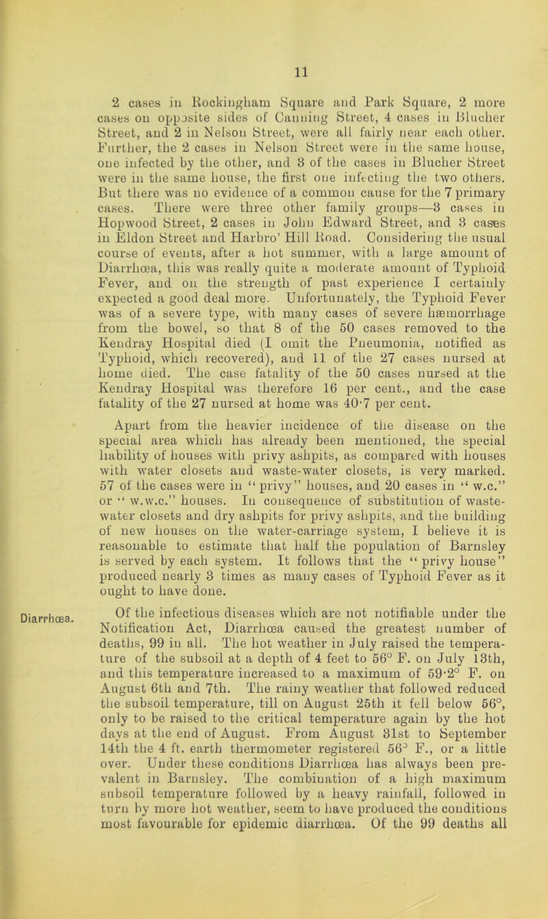 Diarrhoea. 2 cases in Hockingham Square and Park Square, 2 more cases on opposite sides of Canning Street, 4 cases in Jlluclier Street, and 2 in Nelson Street, were all fairly near each other. Further, the 2 cases in Nelson Street were in the same house, one infected by the other, and 8 of the cases in Blucher Street were in the same house, the first one infecting the two others. But there was no evidence of a common cause for the 7 primary cases. There were three other family groups—8 cases in Hopwood Street, 2 cases in John Edward Street, and 8 cases in Eldon Street and Harbro’ Hill Boad. Considering the usual course of events, after a hot summer, with a large amount of Diarrhoea, this was really quite a moderate amount of Typhoid Fever, and on the strength of jjast experience I certainly expected a good deal more. Unfortunately, the Typhoid Fever was of a severe type, with many cases of severe htemorrhage from the bowel, so that 8 of the 50 cases removed to the Kendray Hospital died (I omit the Pneumonia, notified as Typhoid, which recovered), and 11 of the 27 cases nursed at home died. The case fatality of the 50 cases nursed at the Kendray Hospital was therefore 16 per cent., and the case fatality of the 27 nursed at home was 40’7 per cent. Apart from the heavier incidence of the disease on the special area which has already been mentioned, the special liability of houses with privy ashpits, as compared with houses with water closets and waste-water closets, is very marked. 57 of the cases were in “ privy” houses, and 20 cases in “ w.c.” or “ w.w.c.” houses. In consequence of substitution of waste- water closets and dry ashpits for privy ashpits, and the building of new houses on the water-carriage system, I believe it is reasonable to estimate that half the population of Barnsley is served by each system. It follows that the “privy house” produced nearly 3 times as many cases of Typhoid Fever as it ought to have done. Of the infectious diseases which are not notifiable under the Notification Act, Diarrhoea caused the greatest number of deaths, 99 in all. The hot weather in July raised the tempera- ture of the subsoil at a depth of 4 feet to 56° F. on July 13th, and this temperature increased to a maximum of 59'2° F. on August 6th and 7th. The rainy weather that followed reduced the subsoil temperature, till on August 25th it fell below 56°, only to be raised to the critical temperature again by the hot days at the end of August. From August 31st to September 14th the 4 ft. earth thermometer registered 56° F., or a little over. Under these conditions Diarrhoea has always been pre- valent in Barnsley. The combination of a high maximum subsoil temperature followed by a heavy rainfall, followed in turn by more hot weather, seem to have produced the conditions most favourable for epidemic diarrhoea. Of the 99 deaths all