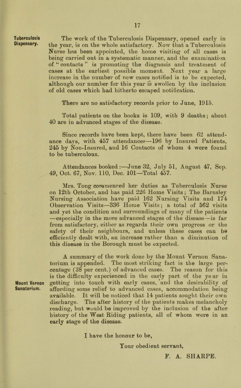 Tuberculosis Dispensary. Mount Vernon Sanatorium. The work of the Tubei’calosis Dispensaiy, opened early in the year, is on the whole satisfactory. Now that a Tubei’culosis Nurse has been appointed, the home visiting of all cases is being carried out in a systematic manner, and the examination of “ contacts ” is promoting the diagnosis and treatment of cases at the earliest possible moment. Next year a large increase in the number of new cases notified is to be expected, although our number for this year is swollen by the inclusion of old cases which had hitherto escaped notification. There are no satisfactory records prior to June, 1915. Total patients on the books is 109, with 9 deaths; about 40 are in advanced stages of the disease. Since records have been kept, there have been 62 attend- ance days, with 457 attendances—196 by Insured Patients, 245 by Non-Insured, and 16 Contacts of whom 4 were found to be tuberculous. Attendances booked:—June 32, July 51, August 47, Sep. 49, Oct. 67, Nov. 110, Dec. 101—Total 457. Mrs. Tong commenced her duties as Tuberculosis Nurse on 12th October, and has paid 226 Home Visits ; The Barnsley Nursing Association have paid 162 Nursing Visits and 174 Observation Visits—336 Home Visits; a total of 562 visits and yet the condition and surroundings of many of the patients —especially in the more advanced stages of the disease—is far from satisfactory, either as regards their own progress or the safety of their neighbours, and unless these cases can bo efiiciently dealt with, an increase rather than a diminution of this disease in the Borough must be expected. A summary of the work done by the Mount Vernon Sana- torium is appended. The most striking fact is the large per- centage (38 per cent.) of advanced cases. The reason for this is the difficulty experienced in the early part of the year in getting into touch with early cases, and the desirability of affording some relief to advanced cases, accommodation being available. It will be noticed that 14 patients sought their own discharge. The after history of the patients makes melancholy reading, but would be improved by the inclusion of the after history of the West Riding patients, all of whom were in an early stage of the disease. I have the honour to be, Your obedient servant. F. A. SHARPE.