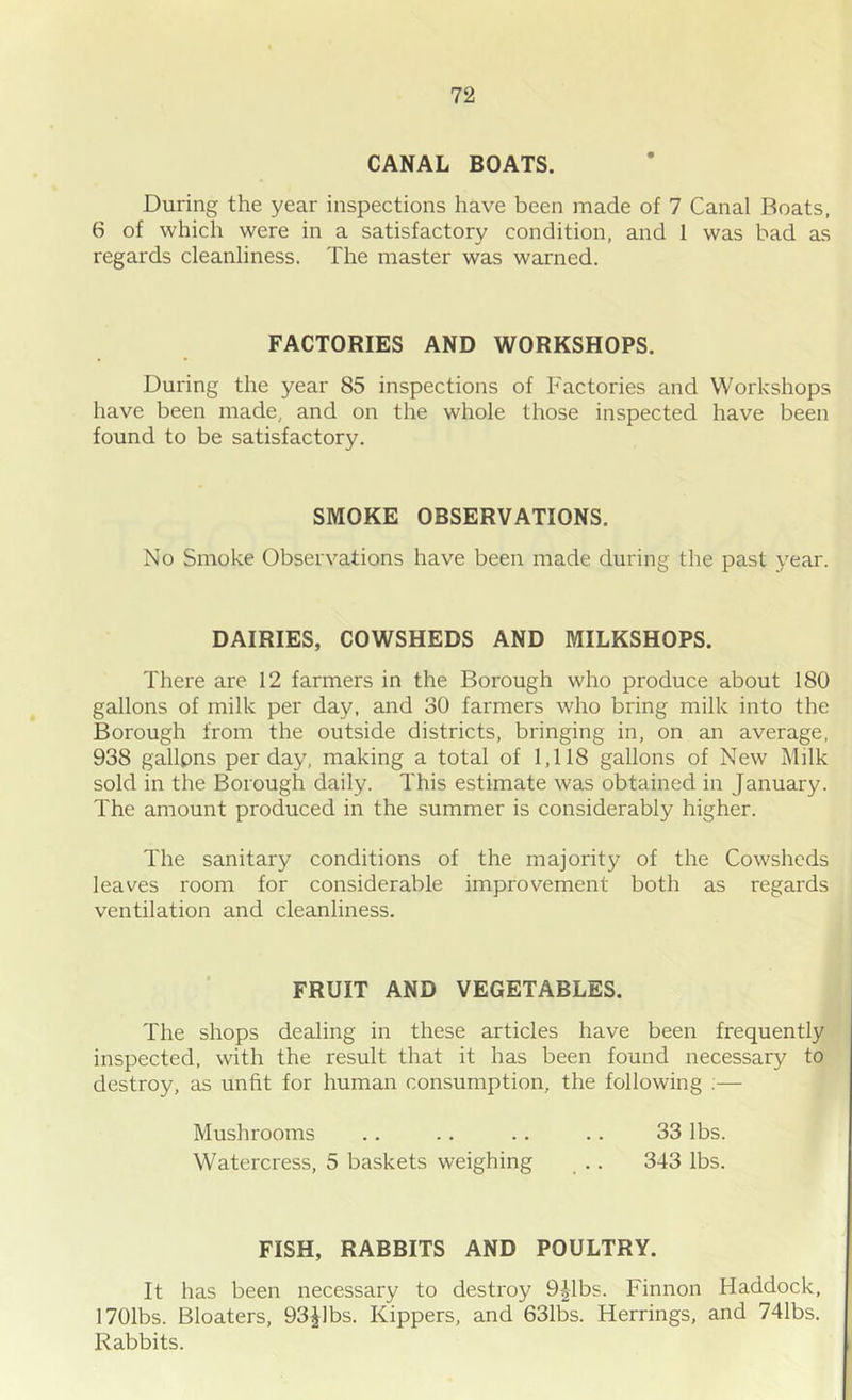 CANAL BOATS. During the year inspections have been made of 7 Canal Boats, 6 of which were in a satisfactory condition, and 1 was bad as regards cleanliness. The master was warned. FACTORIES AND WORKSHOPS. During the year 85 inspections of Factories and Workshops have been made, and on the whole those inspected have been found to be satisfactory. SMOKE OBSERVATIONS. No Smoke Observations have been made during the past year. DAIRIES, COWSHEDS AND MILKSHOPS. There are 12 farmers in the Borough who produce about 180 gallons of milk per day, and 30 farmers who bring milk into the Borough from the outside districts, bringing in, on an average. 938 gallons per day, making a total of 1,118 gallons of New Milk sold in the Borough daily. This estimate was obtained in January. The amount produced in the summer is considerably higher. The sanitary conditions of the majority of the Cowsheds leaves room for considerable improvement both as regards ventilation and cleanliness. FRUIT AND VEGETABLES. The shops dealing in these articles have been frequently inspected, with the result that it has been found necessary to destroy, as unfit for human consumption, the following :— Mushrooms .. .. .. .. 33 lbs. Watercress, 5 baskets weighing .. 343 lbs. FISH, RABBITS AND POULTRY. It has been necessary to destroy 9|lbs. Finnon Haddock, 1701bs. Bloaters, 93^1bs. Kippers, and 631bs. Herrings, and 741bs. Rabbits.