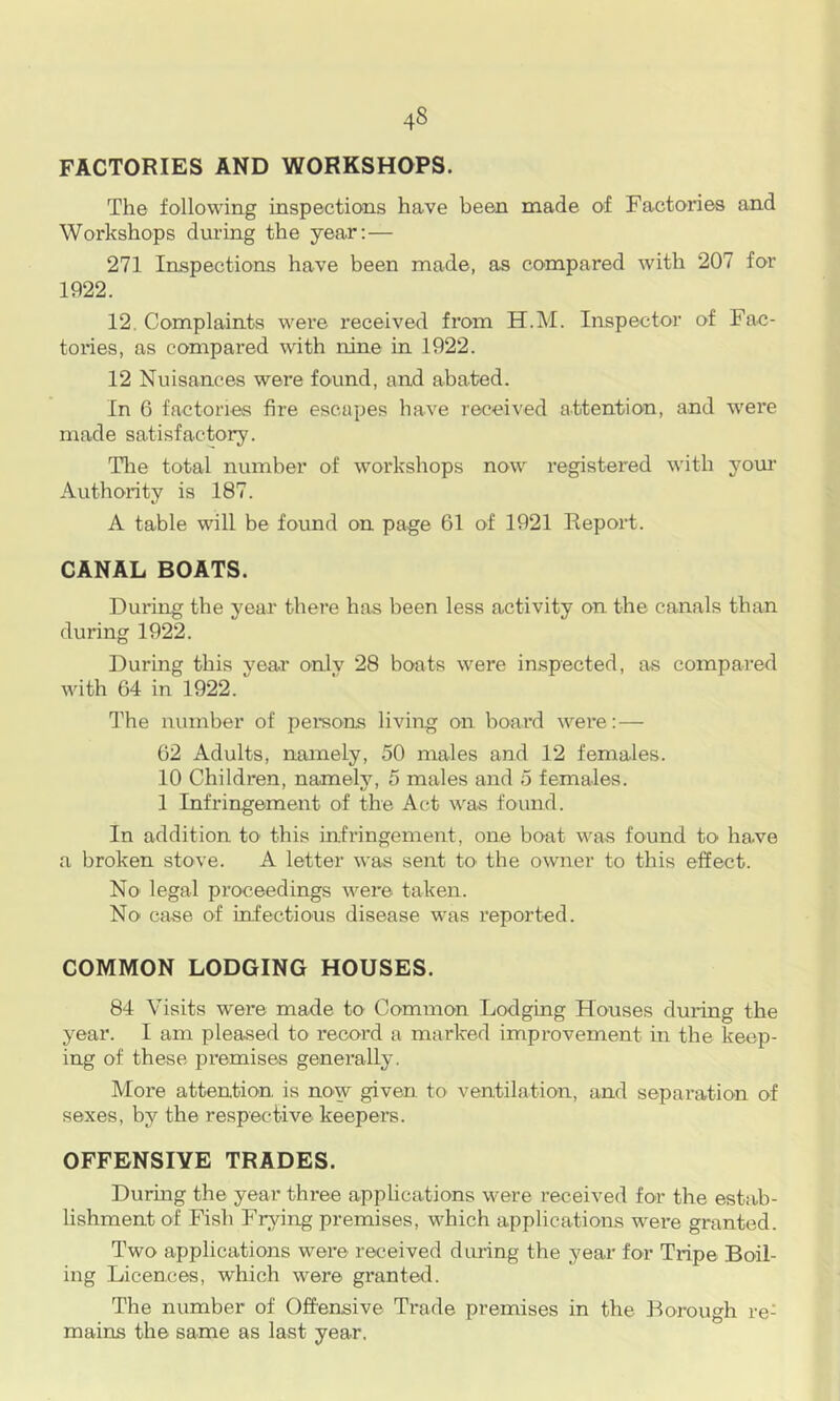 FACTORIES AND WORKSHOPS. The following inspections have been made of Factories and Workshops during the year:— 271 Inspections have been made, as compared with 207 for 1922. 12. Complaints were received from H.M. Inspector of Fac- tories, as compai’ed with nine in 1922. 12 Nuisances were found, and abated. In 6 factories fire escapes have received attention, and were made satisfactory. Tlie total number of workshops now registered with your Authority is 187. A table will be found on page 61 of 1921 Report. CANAL BOATS. During the year there has been less activity on the canals than during 1922. During this year only 28 boats were inspected, as compared with 64 in 1922. Ibe number of persons living on board were:— 62 Adults, namely, 50 males and 12 females. 10 Children, namely, 5 males and 5 females. 1 Infringement of the Act was found. In addition to this infringement, one boat was found to have a broken stove. A letter was sent to- the owner to this eSect. No' legal proceedings were taken. No case of infectious disease was reported. COMMON LODGING HOUSES. 84 Visits were made to Common Lodging Houses duiang the year. I am pleased to record a marked improvement in the keep- ing of these premises generally. More attention is now given to ventilation, and separation of sexes, by the respective keepers. OFFENSIVE TRADES. During the year three applications were received for the estab- hshment of Fish Frying premises, which applications were granted. Two applications were received during the year for Tripe Boil- ing Licences, which were granted. The number of Offensive Trade premises in the Borough re- mains the same as last year.