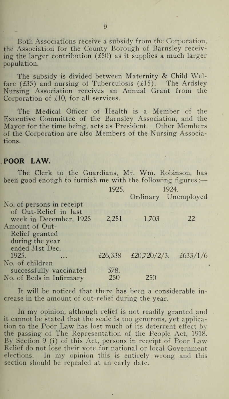 Both Associations receive a subsidy from the Corporation, the Association for the County Borough of Barnsley receiv- ing the larger contribution (iSO) as it supplies a much larger population. The subsidy is divided bet^veen Maternity & Child Wel- fare (£35) and nursing of Tuberculosis (£15). The Ardsley Nursing Association receives an Annual Grant from the Corporation of £10, for all services. The Medical Officer of Health is a Member of the Executive Committee of the Barnsley Association, and the Mayor for the time being, acts as President. Other Members of the Corporation are also Members of the Nursing Associa- tions. POOR LAW. The Clerk to the Guardians, Mr. Wm. Robinson, has been good enough to furnish me with the following figures :— No. of persons in receipt of Out-Relief in last 1925. Ordinary 1924. Unemployed week in December, 1925 Amount of Out- Relief granted during the year ended 31st Dec. 2,251 1,703 22 1925. No. of children successfully vaccinated £26,338 578. £20,720/2/3. £633/1/6 No. of Beds in Infirmary 250 250 It will be noticed that there has been a considerable in- crease in the amount of out-relief during the year. In my opinion, although relief is not readily granted and it cannot be stated that the scale is too generous, yet applica- tion to the Poor Law has lost much of its deterrent effect by the passing of The Representation of the People Act, 1918. By Section 9 (i) of this Act, persons in receipt of Poor Raw Relief do not lose their vote for national or local Government elections. In my opinion this is entirely wrong and this section should be repealed at an early date.