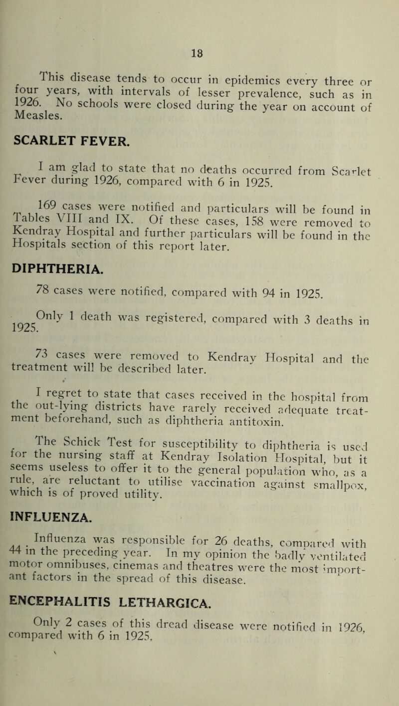 This disease tends to occur in epidemics every three or four years, with intervals of lesser prevalence, such as in 1926. No schools were closed during the year on account of Measles. SCARLET FEVER. I am glad to state that no deaths occurred from Scarlet Fever during 1926, compared with 6 in 1925. 169 cases were notified and particulars will be found in Tables VIII and IX. Of these cases, 158 were removed to Kendray Hospital and further particulars will be found in the Hospitals section of this report later. DIPHTHERIA. 78 cases were notified, compared with 94 in 1925. ^ was registered, compared with 3 deaths in 73 cases were removed to Kendray Hospital and the treatment will be described later. I regret to state that cases received in the hospital from the out-lying districts have rarely received adequate treat- ment beforehand, such as diphtheria antitoxin. _ The Schick Test for susceptibility to diphtheria is used lor the nursing staff at Kendray Isolation Hospital but it seems useless to offer it to^ the general population who, as a rule, are reluctant to utilise vaccination against smallpox which is of proved utility. INFLUENZA. . Influenza was responsible for 26 deaths, comDarorl with 44 m the preceding year. In my opinion the badly ventilated motor omnibuses, cinemas and theatres were the most ^‘mnort- ant factors in the spread of this disease. ENCEPHALITIS LETHARGICA. Only 2 cases of this dread disease were notified in 1926 compared with 6 in 1925.