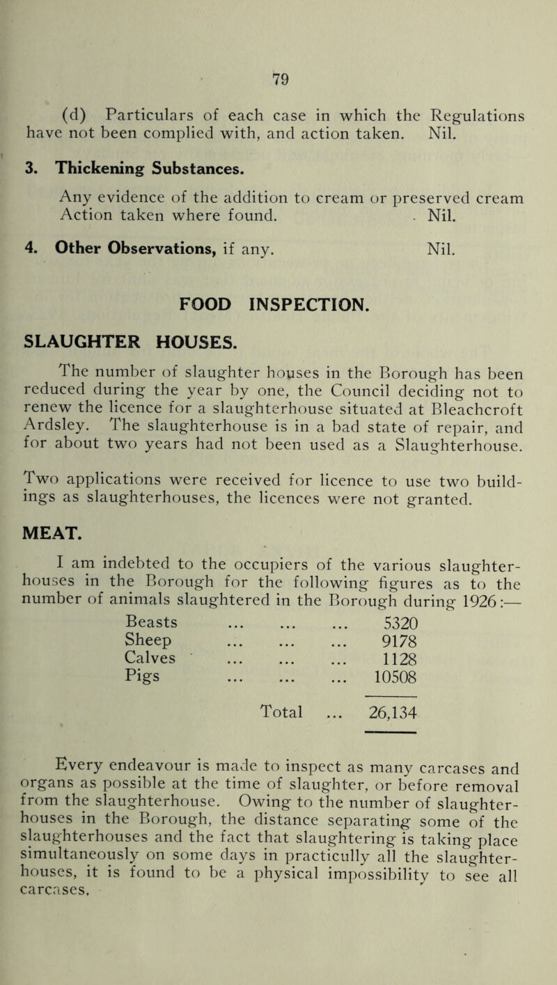 (d) Particulars of each case in which the Regulations have not been complied with, and action taken. Nil. 3. Thickening Substances. Any evidence of the addition to cream or preserved cream Action taken where found. . Nil. 4. Other Observations, if any. Nil. FOOD INSPECTION. SLAUGHTER HOUSES. The number of slaughter houses in the Borough has been reduced during the year by one, the Council deciding not to renew the licence for a slaughterhouse situated at Bleachcroft Ardsley. The slaughterhouse is in a bad state of repair, and for about two years had not been used as a Slaughterhouse. Two applications were received for licence to use two build- ings as slaughterhouses, the licences were not granted. MEAT. I am indebted to the occupiers of the various slaughter- houses in the Borough for the following figures as to the number of animals slaughtered in the Borough during 1926:— Beasts 5320 Sheep 9178 Calves 1128 Pigs 10508 Total ... 26,134 Every endeavour is made to inspect as many carcases and organs as possible at the time of slaughter, or before removal from the slaughterhouse. Owing to the number of slaughter- houses in the Borough, the distance separating some of the slaughterhouses and the fact that slaughtering is taking place simultaneously on some days in practicully all the slaughter- houses, it is found to be a physical impossibility to see all carcases.