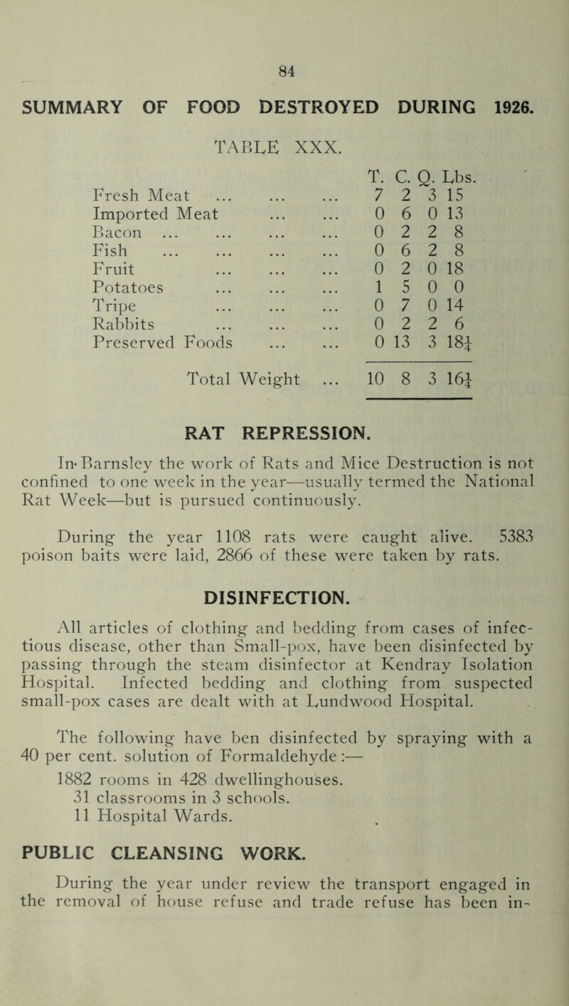 SUMMARY OF FOOD DESTROYED DURING 1926. table XXX. Fresh Meat Imported Meat Bacon Fish Fruit Potatoes Tripe Rabbits Preserved Foods T. C. Q. Lbs. 7 2 3 15 0 6 0 13 0 2 2 8 0 6 2 8 0 2 0 18 15 0 0 0 7 0 14 0 2 2 6 0 13 3 18i Total Weight ... 10 8 3 16i RAT REPRESSION. In-Barnsley the work of Rats and Mice Destruction is not confined to one week in the year—usually termed the National Rat Week—but is pursued continuously. During the year 1108 rats were caught alive. 5383 poison baits were laid, 2866 of these were taken by rats. DISINFECTION. All articles of clothing and bedding from cases of infec- tious disease, other than Small-pox, have been disinfected by passing through the steam disinfector at Kendray Isolation Hospital. Infected bedding and clothing from suspected small-pox cases are dealt with at Lundwood Hospital. The following have ben disinfected by spraying with a 40 per cent, solution of Formaldehyde:— 1882 rooms in 428 dwellinghouses. 31 classrooms in 3 schools. 11 Hospital Wards. PUBLIC CLEANSING WORK. During the year under review the transport engaged in the removal of house refuse and trade refuse has been in-
