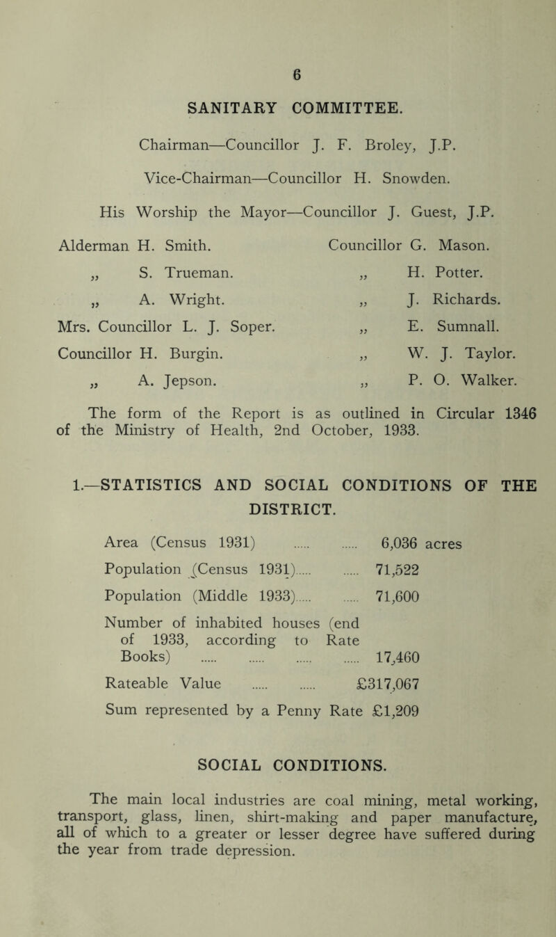 SANITARY COMMITTEE. Chairman—Councillor J. F. Broley, J.P. Vice-Chairman—Councillor H. Snowden. His Worship the Mayor—Councillor J. Guest, J.P. Alderman H. Smith. „ S. Trueman. „ A. Wright. Mrs. Councillor L. J. Soper. Councillor H. Burgin. „ A. Jepson. Councillor G. Mason. „ H. Potter. „ J. Richards. „ E. Sumnall. W. J. Taylor. „ P. O. Walker. The form of the Report is as outlined in Circular 1346 of the Ministry of Health, 2nd October, 1933. 1.—STATISTICS AND SOCIAL CONDITIONS OF THE DISTRICT. Area (Census 1931) 6,036 acres Population ^(Census 1931) 71,522 Population (Middle 1933) 71,600 Number of inhabited houses (end of 1933, according to Rate Books) 17,460 Rateable Value £317,067 Sum represented by a Penny Rate £1,209 SOCIAL CONDITIONS. The main local industries are coal mining, metal working, transport, glass, linen, shirt-making and paper manufacture, all of which to a greater or lesser degree have suffered during the year from trade depression.