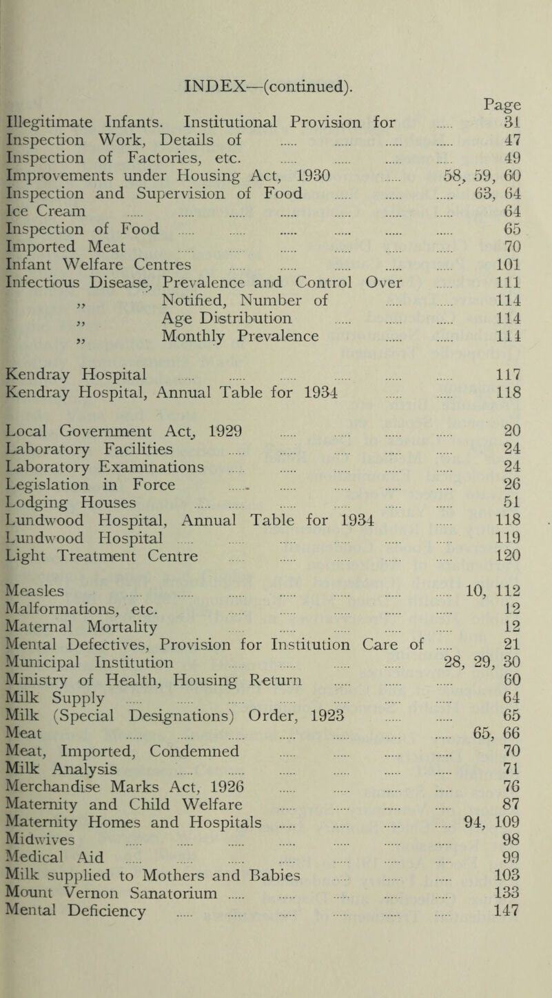 Page Illegitimate Infants. Institutional Provision for 3i Inspection Work, Details of 47 Inspection of Factories, etc. 49 Improvements under Housing Act, 1930 58, 59, 60 Inspection and Supervision of Food 63, 64 Ice Cream 64 Inspection of Food 65 Imported Meat 70 Infant Welfare Centres 101 Infectious Disease, Prevalence and Control Over Ill „ Notified, Number of 114 „ Age Distribution 114 „ Monthly Prevalence 114 Ken dray Hospital 117 Kendray Hospital, Annual Table for 1934 118 Local Government AcC 1929 20 Laboratory Facilities 24 Laboratory Examinations 24 Legislation in Force , 26 Lodging Houses 51 Lundwood Hospital, Annual Table for 1934 118 Lundvvood Hospital . 119 Light Treatment Centre 120 Measles 10, 112 Malformations, etc. 12 Maternal Mortality 12 Mental Defectives, Provision for Institution Care of 21 Municipal Institution 28, 29, 30 Ministry of Health, Housing Return 60 Milk Supply 64 Milk (Special Designations) Order, 1923 65 Meat 65, 66 Meat, Imported, Condemned 70 Milk Analysis 71 Merchandise Marks Act, 1926 76 Maternity and Child Welfare 87 Maternity Homes and Hospitals 94, 109 Midwives 98 Medical Aid 99 Milk supplied to Mothers and Babies 103 Mount Vernon Sanatorium 133 Mental Deficiency 147