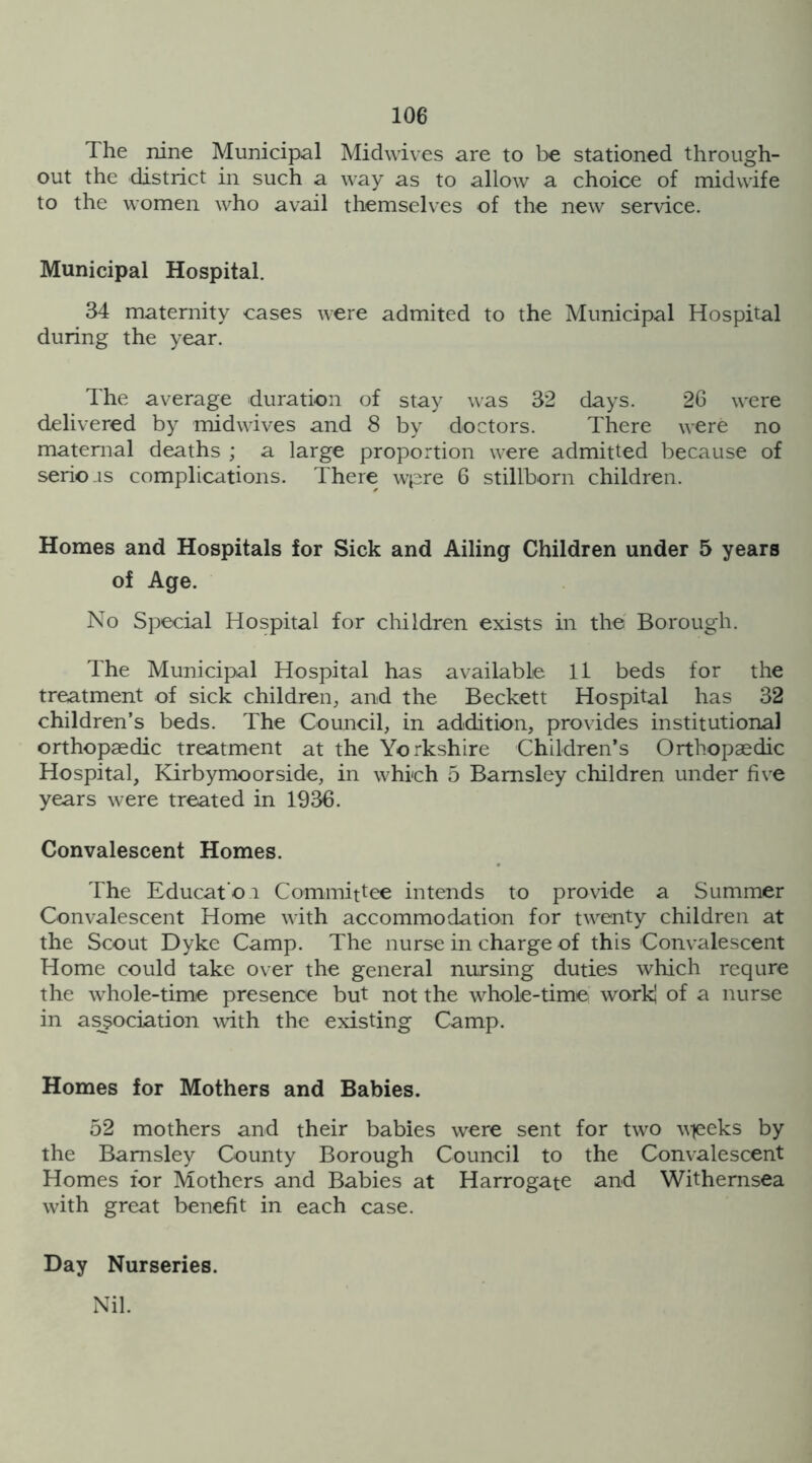 The nine Municipal Midwives are to be stationed through- out the district in such a way as to allow a choice of midwife to the women who avail themselves of the new service. Municipal Hospital. 34 maternity cases were admited to the Municipal Hospital during the year. The average duration of stay was 32 days. 26 were delivered by midwives and 8 by doctors. There were no maternal deaths ; a large proportion were admitted because of serio.is complications. There wpre 6 stillborn children. Homes and Hospitals for Sick and Ailing Children under 5 years of Age. No Special Hospital for children exists in the Borough. The Municipal Hospital has available 11 beds for the treatment of sick children, and the Beckett Hospital has 32 children’s beds. The Council, in addition, provides institutional orthopaedic treatment at the Yorkshire Children’s Orthopaedic Hospital, Kirbymoorside, in which 5 Barnsley children under five years were treated in 1936. Convalescent Homes. The Educate i Committee intends to provide a Summer Convalescent Home with accommodation for twenty children at the Scout Dyke Camp. The nurse in charge of this Convalescent Home could take over the general nursing duties which requre the whole-time presence but not the whole-time work! of a nurse in association with the existing Camp. Homes for Mothers and Babies. 52 mothers and their babies were sent for two w|eeks by the Barnsley County Borough Council to the Convalescent Homes for Mothers and Babies at Harrogate and Withernsea with great benefit in each case. Day Nurseries. Nil.