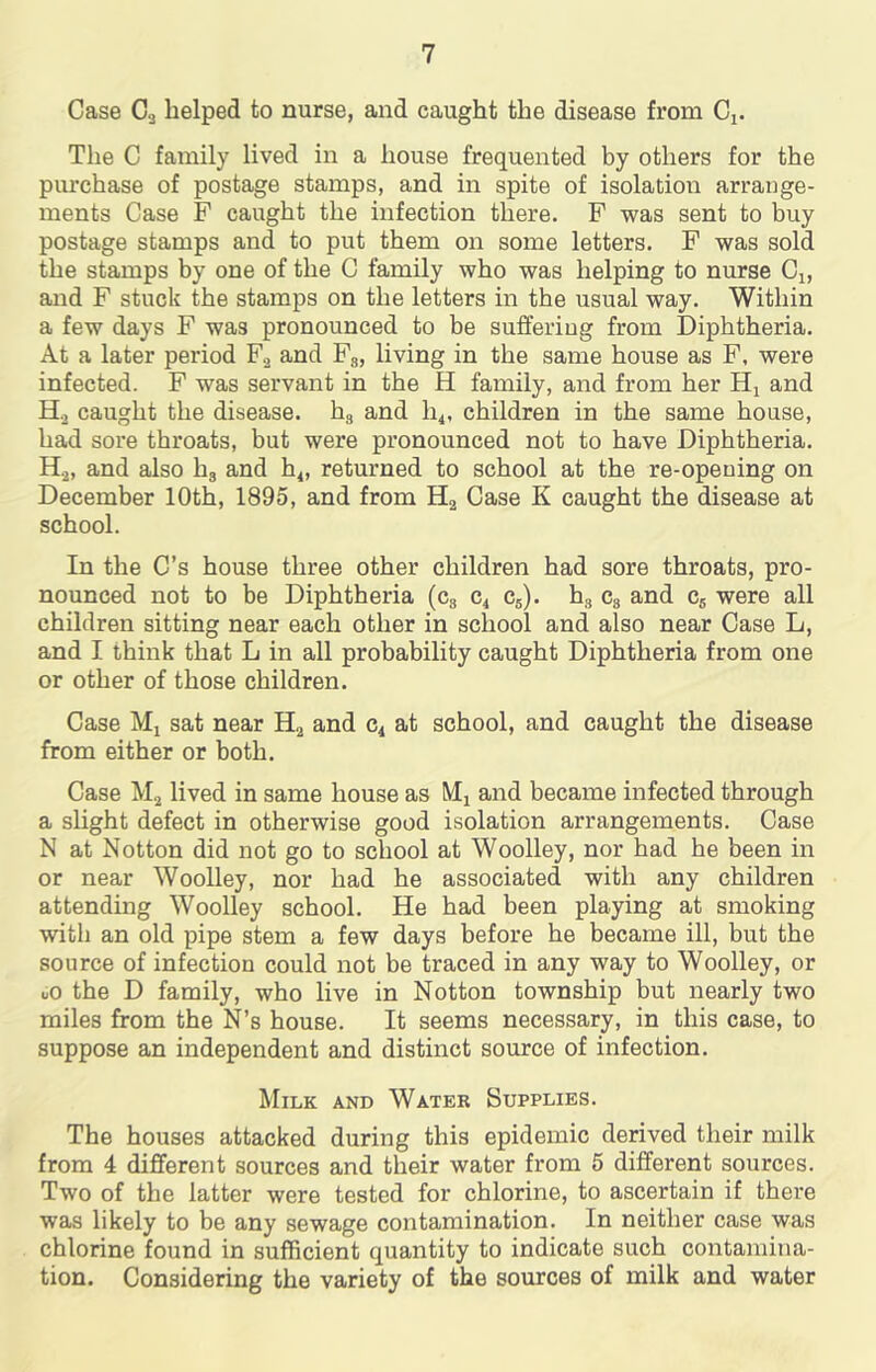 Case Ca helped to nurse, and caught the disease from Cj. The C family lived in a house frequented by others for the piu’chase of postage stamps, and in spite of isolation arrange- ments Case F caught the infection there. F was sent to buy postage stamps and to put them on some letters. F was sold the stamps by one of the C family who was helping to nurse Ci, and F stuck the stamps on the letters in the usual way. Within a few days F was pronounced to be suffering from Diphtheria. At a later period Fa and Fg, living in the same house as F. were infected. F was servant in the H family, and from her Hj and Ha caught the disease, hg and 114, children in the same house, had sore throats, but were pronounced not to have Diphtheria. Ha, and also hg and hi, returned to school at the re-opening on December 10th, 1895, and from Ha Case K caught the disease at school. In the C’s house three other children had sore throats, pro- nounced not to be Diphtheria (Cg C4 Cg). hg Cg and Cg were all children sitting near each other in school and also near Case L, and I think that L in all probability caught Diphtheria from one or other of those children. Case Ml sat near Ha and C4 at school, and caught the disease from either or both. Case Ma lived in same house as Mj and became infected through a slight defect in otherwise good isolation arrangements. Case N at Notton did not go to school at Woolley, nor had he been in or near Woolley, nor had he associated with any children attending Woolley school. He had been playing at smoking with an old pipe stem a few days before he became ill, but the source of infection could not be traced in any way to Woolley, or uO the D family, who live in Notton township but nearly two miles from the N’s house. It seems necessary, in this case, to suppose an independent and distinct source of infection. Milk and Water Supplies. The houses attacked during this epidemic derived their milk from 4 different sources and their water from 5 different sources. Two of the latter were tested for chlorine, to ascertain if there was likely to be any sewage contamination. In neither case was chlorine found in sufficient quantity to indicate such contamina- tion. Considering the variety of the sources of milk and water