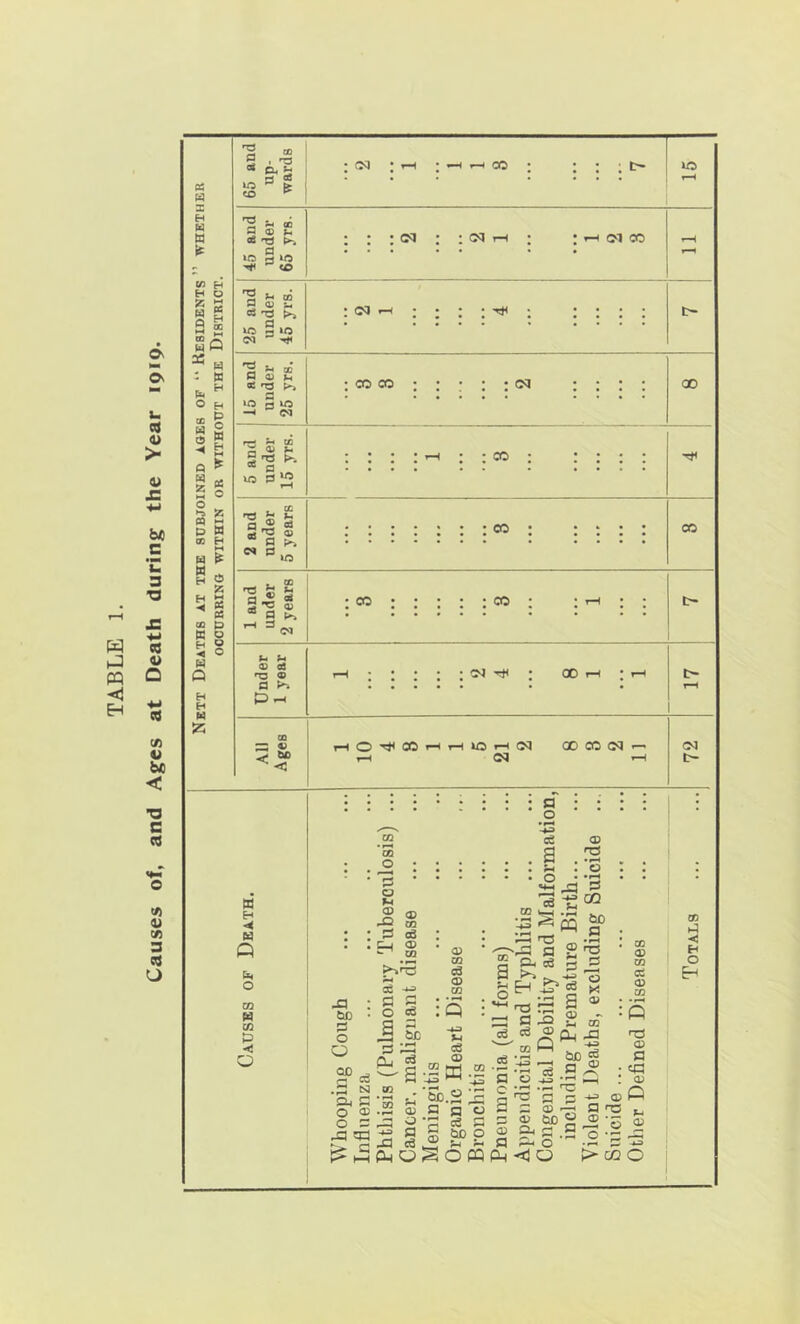 Causes of, and Ages at Death during the Year 1919. Nktt Deaths at the subjoined aoeb of “ Residents ” whether OCCURRING WITHIN OR WITHOUT THE DISTRICT. 65 and up- wards 1 OQ * CO 1 ^ 1 IJO T—^ 45 and under 65 yrs. 25 and under 45 yrs. :::: t- 15 and under 1 25 yrs. ;coco;:;:;(M ::;: 00 5 and under 15 yrs. : : : c : ! : : : 1 and under 2 years : 02 .•;;;; CO ; t- Under 1 year 00r-i;r-l rH All Ages i-HO-^ooi-Hi-ior-^oq ooco<M — r-( <M rH 72 0} O H H Q o CQ M a> P <; Q a o X3 ttD S O O QD a CO _0 ; 3 ■ O f-i _o ® 'S ” : ea ch ai a o a s Pu (D 'ts 00 w-( -S a -gCQ tlD ~-r 5:^ fl ^ n3 _ •!-< as a 1 ;s a ® S3 fl s 2 ro c6-J5 “IT-! m -g O c a> ZQ cd 0) CQ V4 cS Q <X> ;q ns &< S O ® o = Jp q3 =5 ^ ’5b.2 Is (U s □ o g-a ce s OJ re o s ® -r; s ® tjD a ® a* a .a t:? ,a Q S d m >(^0 ja S ® “ 2 fl 'T3 ^•5 „ o ^ ®