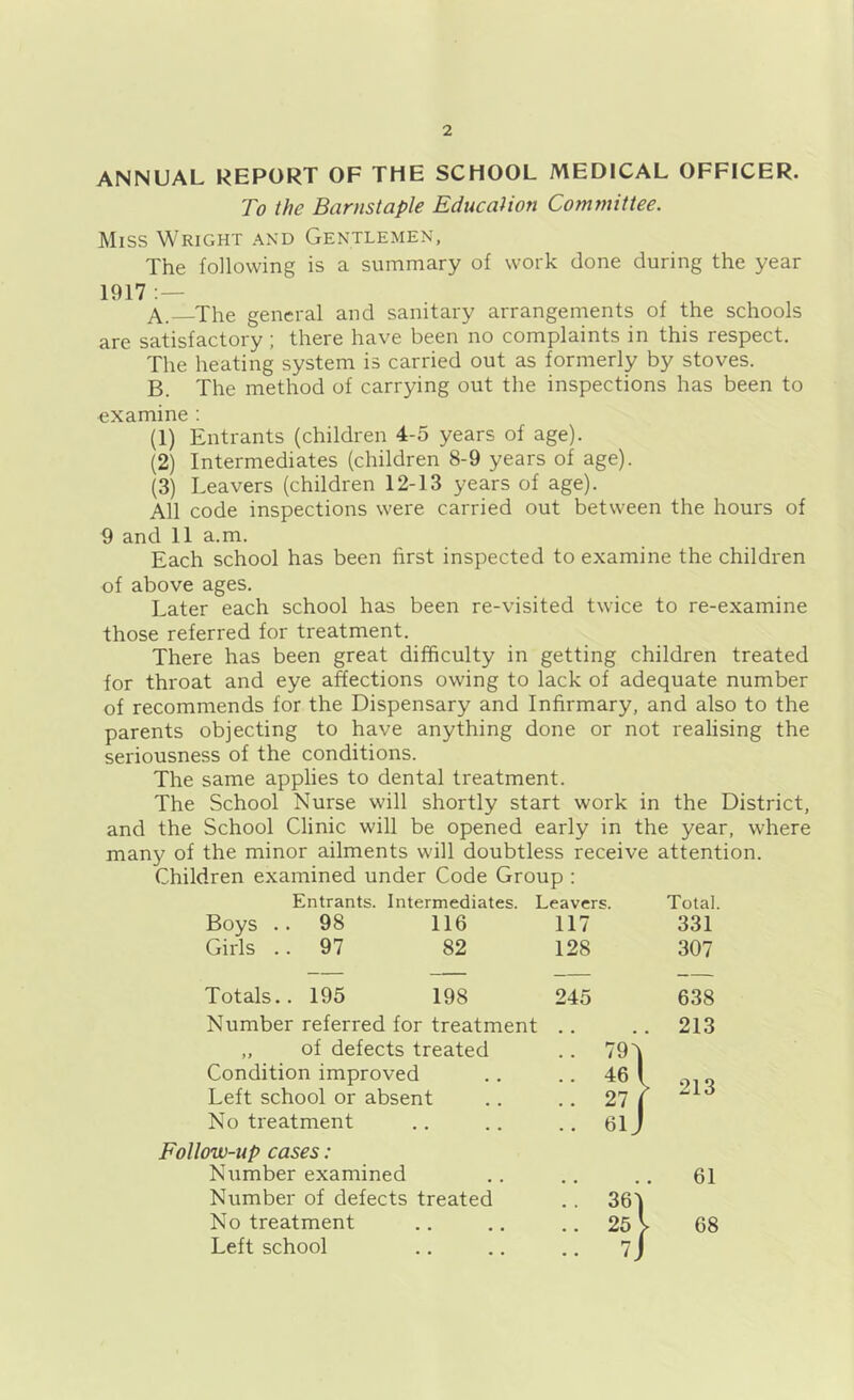 ANNUAL REPORT OF THE SCHOOL MEDICAL OFFICER. To the Barnstaple Education Committee. Miss Wright and Gentlemen, The following is a summary of work done during the year 1917 A. The general and sanitary arrangements of the schools are satisfactory; there have been no complaints in this respect. The heating system is carried out as formerly by stoves. B. The method of carrying out the inspections has been to examine : (1) Entrants (children 4-5 years of age). (2) Intermediates (children 8-9 years of age). (3) Leavers (children 12-13 years of age). All code inspections were carried out between the hours of 9 and 11 a.m. Each school has been first inspected to examine the children of above ages. Later each school has been re-visited twice to re-examine those referred for treatment. There has been great difficulty in getting children treated for throat and eye affections owing to lack of adequate number of recommends for the Dispensary and Infirmary, and also to the parents objecting to have anything done or not realising the seriousness of the conditions. The same applies to dental treatment. The School Nurse will shortly start work in the District, and the School Clinic will be opened early in the year, where many of the minor ailments will doubtless receive attention. Children examined under Code Group : Entrants. Intermediates. Leavers. Condition improved Left school or absent No treatment Total. Boys .. 98 116 117 331 Girls .. 97 82 128 307 Totals.. 195 198 245 638 Number referred for treatment „ of defects treated .. 79^ 213 213 Follow-up cases: Number examined Number of defects treated No treatment Left school 61 68