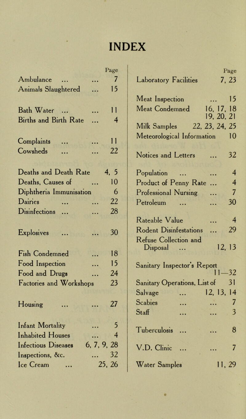 INDEX Ambulance Page 7 Animals Slaughtered .. 15 Bath Water .. 11 Births and Birth Rate 4 Complaints .. 11 Cowsheds .. 22 Deaths and Death Rate 4, 5 Deaths, Causes of .. 10 Diphtheria Immunisation 6 Dairies .. 22 Disinfections ... .. 28 Explosives .. 30 Fish Condemned .. 18 Food Inspection .. 15 Food and Drugs .. 24 Factories and Workshops 23 Housing .. 27 Infant Mortality 5 Inhabited Houses 4 Infectious Diseases 6, 7, 9, 28 Inspections, &c. .. 32 Laboratory Facilities Page 7, 23 Meat Inspection 15 Meat Condemned 16, 17, 18 19, 20, 21 Milk Samples 22, 23, 24, 25 Meteorological Information 10 Notices and Letters 32 Population 4 Product of Penny Rate ... 4 Professional Nursing 7 Petroleum 30 Rateable Value 4 Rodent Disinfestations 29 Refuse Collection and Disposal 12, 13 Sanitary Inspector’s Report 1 1—32 Sanitary Operations, List of 31 Salvage ... 12, 13, 14 Scabies 7 Staff 3 T uberculosis ... 8 V.D. Clinic 7