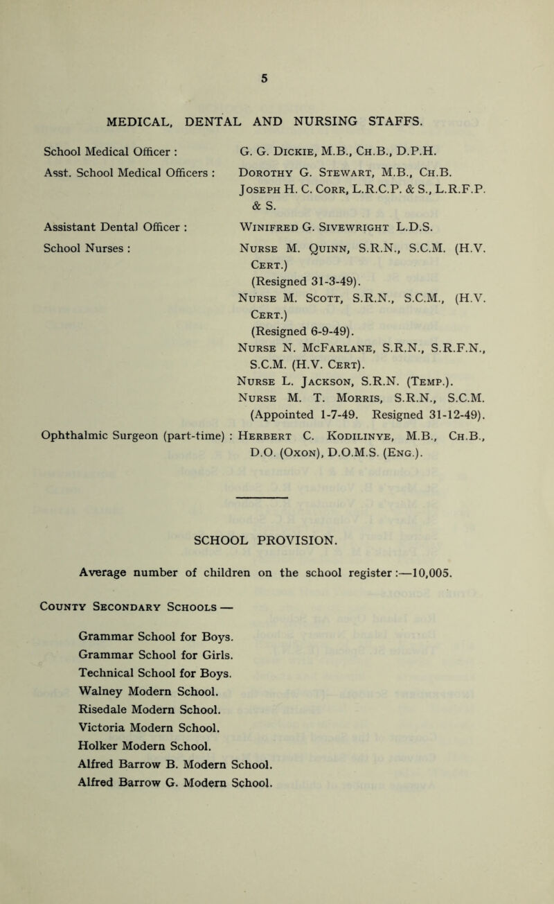MEDICAL, DENTAL AND NURSING STAFFS. School Medical Officer : G. G. Dickie, M.B., Ch.B., D.P.H. Asst. School Medical Officers : Dorothy G. Stewart, M.B., Ch.B. Joseph H. C. Corr, L.R.C.P. & S., L.R.F.P. & S. Assistant Dental Officer : Winifred G. Sivewright L.D.S. School Nurses : Nurse M. Quinn, S.R.N., S.C.M. (H.V. Cert.) (Resigned 31-3-49). Nurse M. Scott, S.R.N., S.C.M., (H.V. Cert.) (Resigned 6-9-49). Nurse N. McFarlane, S.R.N., S.R.F.N., S.C.M. (H.V. Cert). Nurse L. Jackson, S.R.N. (Temp.). Nurse M. T. Morris, S.R.N., S.C.M. (Appointed 1-7-49. Resigned 31-12-49). Ophthalmic Surgeon (part-time) : Herbert C. Kodilinye, M.B., Ch.B., D.O. (Oxon), D.O.M.S. (Eng.). SCHOOL PROVISION. Average number of children on the school register:—10,005. County Secondary Schools — Grammar School for Boys. Grammar School for Girls. Technical School for Boys. Walney Modern School. Risedale Modern School. Victoria Modern School. Holker Modern School. Alfred Barrow B. Modern School. Alfred Barrow G. Modern School.