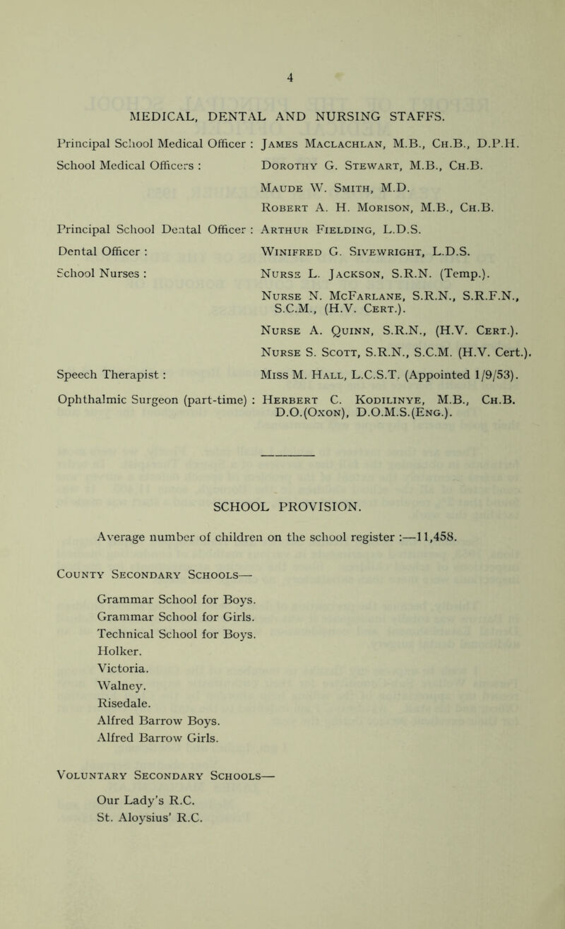 MEDICAL, DENTAL AND NURSING STAFFS. Principal School Medical Officer : James Maclachlan, M.B., Ch.B., D.P.IT. School Medical Officers : Dorothy G. Stewart, M.B., Ch.B. Maude W. Smith, M.D. Robert A. H. Morison, M.B., Ch.B. Principal School Dental Officer : Arthur Fielding, L.D.S. Dental Officer : Winifred G. Sivewright, L.D.S. School Nurses : Nurse L. Jackson, S.R.N. (Temp.). Nurse N. McFarlane, S.R.N., S.R.F.N., S.C.M., (H.V. Cert.). Nurse A. Quinn, S.R.N., (H.V. Cert.). Nurse S. Scott, S.R.N., S.C.M. (H.V. Cert.). Speech Therapist: Miss M. Hall, L.C.S.T. (Appointed 1/9/53). Ophthalmic Surgeon (part-time) : Herbert C. Kodilinye, M.B., Ch.B. D.O.(Oxon), D.O.M.S.(Eng.). SCHOOL PROVISION. Average number of children on the school register :—11,458. County Secondary Schools— Grammar School for Boys. Grammar School for Girls. Technical School for Boys. Holker. Victoria. Walney. Risedale. Alfred Barrow Boys. Alfred Barrow Girls. Voluntary Secondary Schools— Our Lady’s R.C. St. Aloysius’ R.C.