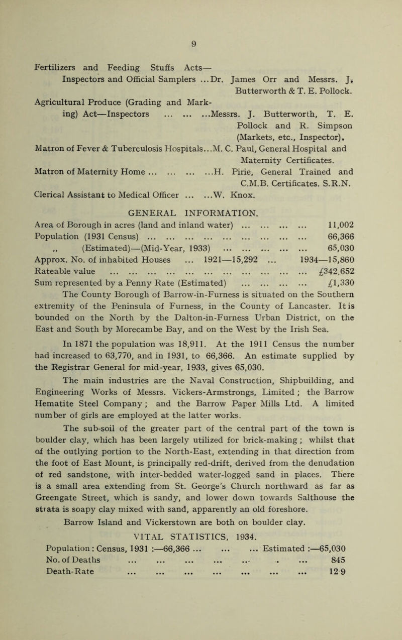 Fertilizers and Feeding Stuffs Acts— Inspectors and Official Samplers ...Dr. James Orr and Messrs. J* Butterworth & T. E. Pollock. Agricultural Produce (Grading and Mark- ing) Act—Inspectors Messrs. J. Butterworth, T. E. Pollock and R. Simpson (Markets, etc.. Inspector), Matron of Fever & Tuberculosis Hospitals...M. C. Paul, General Hospital and Maternity Certificates. Matron of Maternity Home H. Pirie, General Trained and C.M.B. Certificates. S.R.N. Clerical Assistant to Medical Officer W. Knox. GENERAL INFORMATION. Area of Borough in acres (land and inland water) 11,002 Population (1931 Census) 66,366 ,, (Estimated)—(Mid-Year, 1933) 65,030 Approx. No. of inhabited Houses ... 1921—15,292 ... 1934—15,860 Rateable value Sum represented by a Penny Rate (Estimated) ;^1,330 The County Borough of Barrow-in-Furness is situated on the Southern extremity of the Peninsula of Furness, in the County of Lancaster. It is bounded on the North by the Dalton-in-Furness Urban District, on the East and South by Morecambe Bay, and on the West by the Irish Sea. In 1871 the population was 18,911. At the 1911 Census the number had increased to 63,770, and in 1931, to 66,366. An estimate supplied by the Registrar General for mid-year, 1933, gives 65,030. The main industries are the Naval Construction, Shipbuilding, and Engineering Works of Messrs. Vickers-Armstrongs, Limited ; the Barrow Hematite Steel Company ; and the Barrow Paper Mills Ltd. A limited number of girls are employed at the latter works. The sub-soil of the greater part of the central part of the town is boulder clay, which has been largely utilized for brick-making ; whilst that of the outlying portion to the North-East, extending in that direction from the foot of East Mount, is principally red-drift, derived from the denudation of red sandstone, with inter-bedded water-logged sand in places. Th'ere is a small area extending from St. George’s Church northward as far as Greengate Street, which is sandy, and lower down towards Salthouse the strata is soapy clay mixed with sand, apparently an old foreshore. Barrow Island and Vickerstown are both on boulder clay. VITAL STATISTICS. 1934. Population : Census, 1931 :—66,366... ... ...Estimated:—65,030 No. of Deaths ... ... ... ... ... . ... 845 Death-Rate ... ... ... ... ... 12 9