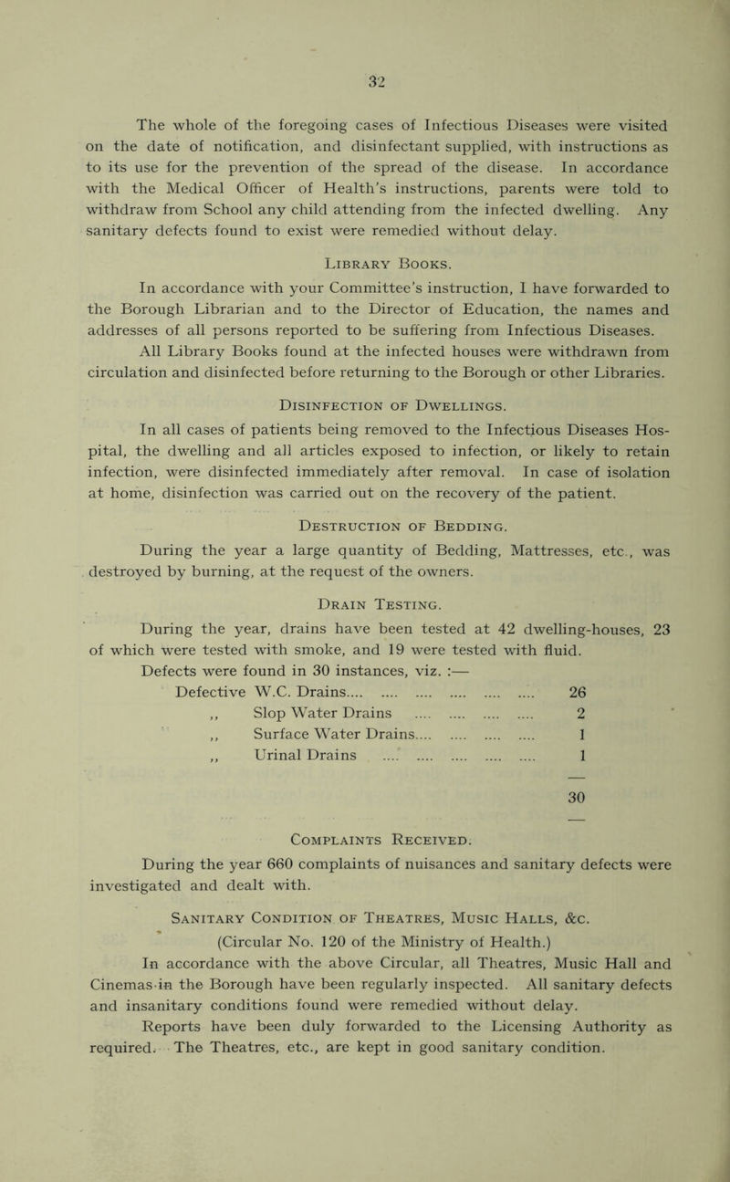 The whole of the foregoing cases of Infectious Diseases were visited on the date of notification, and disinfectant supplied, with instructions as to its use for the prevention of the spread of the disease. In accordance with the Medical Officer of Health’s instructions, parents were told to withdraw from School any child attending from the infected dwelling. Any sanitary defects found to exist were remedied without delay. Library Books. In accordance with your Committee’s instruction, I have forwarded to the Borough Librarian and to the Director of Education, the names and addresses of all persons reported to be suffering from Infectious Diseases. All Library Books found at the infected houses were withdrawn from circulation and disinfected before returning to the Borough or other Libraries. Disinfection of Dwellings. In all cases of patients being removed to the Infectious Diseases Hos- pital, the dwelling and all articles exposed to infection, or likely to retain infection, were disinfected immediately after removal. In case of isolation at home, disinfection was carried out on the recovery of the patient. Destruction of Bedding. During the year a large quantity of Bedding, Mattresses, etc., was destroyed by burning, at the request of the owners. Drain Testing. During the year, drains have been tested at 42 dwelling-houses, 23 of which were tested with smoke, and 19 were tested with fluid. Defects were found in 30 instances, viz. :— Defective W.C. Drains 26 ,, Slop Water Drains 2 Surface Water Drains 1 ,, Urinal Drains .... 1 30 Complaints Received. During the year 660 complaints of nuisances and sanitary defects were investigated and dealt with. Sanitary Condition of Theatres, Music Halls, &c. (Circular No. 120 of the Ministry of Health.) In accordance with the above Circular, all Theatres, Music Hall and Cinemas-in the Borough have been regularly inspected. All sanitary defects and insanitary conditions found were remedied without delay. Reports have been duly forwarded to the Licensing Authority as required. The Theatres, etc., are kept in good sanitary condition.
