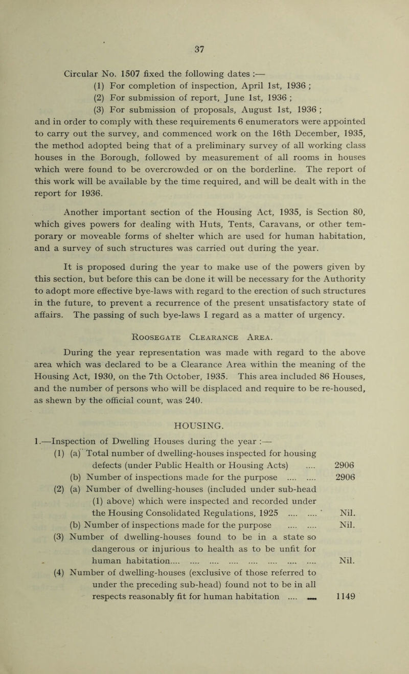 Circular No. 1507 fixed the following dates ;— (1) For completion of inspection, April 1st, 1936 ; (2) For submission of report, June 1st, 1936 ; (3) For submission of proposals, August 1st, 1936 ; and in order to comply with these requirements 6 enumerators were appointed to carry out the survey, and commenced work on the 16th December, 1935, the method adopted being that of a preliminary survey of all working class houses in the Borough, followed by measurement of all rooms in houses which were found to be overcrowded or on the borderline. The report of this work will be available by the time required, and will be dealt with in the report for 1936. Another important section of the Housing Act, 1935, is Section 80, which gives powers for dealing with Huts, Tents, Caravans, or other tem- porary or moveable forms of shelter which are used for human habitation, and a survey of such structures was carried out during the year. It is proposed during the year to make use of the powers given by this section, but before this can be done it will be necessary for the Authority to adopt more effective bye-laws with regard to the erection of such structures in the future, to prevent a recurrence of the present unsatisfactory state of affairs. The passing of such bye-laws I regard as a matter of urgency. Roosegate Clearance Area. During the year representation was made with regard to the above area which was declared to be a Clearance Area within the meaning of the Housing Act, 1930, on the 7th October, 1935. This area included 86 Houses, and the number of persons who will be displaced and require to be re-housed, as shewn by the official count, was 240. HOUSING. 1.—Inspection of Dwelling Houses during the year :— (1) (a) Total number of dwelling-houses inspected for housing defects (under Public Health or Housing Acts) .... 2906 (b) Number of inspections made for the purpose 2906 (2) (a) Number of dwelling-houses (included under sub-head (1) above) which were inspected and recorded under the Housing Consolidated Regulations, 1925 ’ Nil. (b) Number of inspections made for the purpose Nil. (3) Number of dwelling-houses found to be in a state so dangerous or injurious to health as to be unfit for human habitation Nil. (4) Number of dwelling-houses (exclusive of those referred to under the preceding sub-head) found not to be in all respects reasonably fit for human habitation .... ^ 1149
