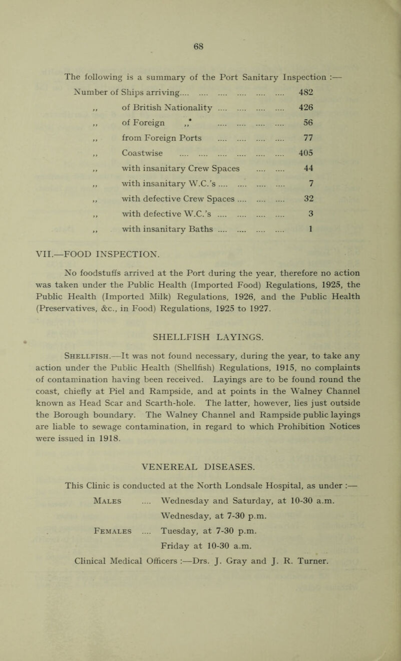 The following is a summary of the Port Sanitary Inspection ;— iber of Ships arriving 482 of British Nationality 426 of Foreign ,,* 56 from Foreign Ports 77 Coastwise 405 with insanitary Crew Spaces 44 with insanitary W.C.’s 7 with defective Crew Spaces .... 32 ^vith defective W.C.’s 3 with insanitary Baths 1 VII.—FOOD INSPECTION. No foodstuffs arrived at the Port during the year, therefore no action was taken under the Public Health (Imported Food) Regulations, 1925, the Public Health (Imported Milk) Regulations, 1926, and the Public Health (Preservatives, &c., in Food) Regulations, 1925 to 1927. SHELLFISH LAYINGS. Shellfish.—It was not found necessary, during the year, to take any action under the Public Health (Shellfish) Regulations, 1915, no complaints of contamination having been received. Layings are to be found round the coast, cliiefly at Piel and Rampside, and at points in the Walney Channel known as Head Scar and Scarth-hole. The latter, however, lies just outside the Borough boundary. The Walney Channel and Rampside public layings are liable to sewage contamination, in regard to which Prohibition Notices were issued in 1918. VENEREAL DISEASES. This Clinic is conducted at the North Londsale Hospital, as under :— Males .... Wednesday and Saturday, at 10-30 a.m. Wednesday, at 7-30 p.m. Females .... Tuesday, at 7-30 p.m. Friday at 10-30 a.m. Clinical Medical Officers :—Drs. J. Gray and J. R. Turner.