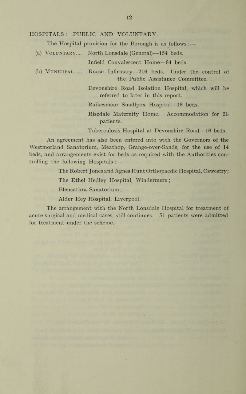 HOSPITALS : PUBLIC AND VOLUNTARY. The Hospital provision for the Borough is as follows :— (a) Voluntary.... North Lonsdale (General)—154 beds. Infield Convalescent Home—64 beds. (b) Municipal .... Roose Infirmary—216 beds. Under the control of the Public Assistance Committee. Devonshire Road Isolation Hospital, which will be referred to later in this report. Raikesmoor Smallpox Hospital—16 beds. Risedale Maternity Home. Accommodation for 20 patients. Tuberculosis Hospital at Devonshire Road—16 beds. An agreement has also been entered into with the Governors of the Westmorland Sanatorium, Meathop, Grange-over-Sands, for the use of 14 beds, and arrangements exist for beds as required with the Authorities con- trolling the following Hospitals :— The Robert Jones and Agnes Hunt Orthopaedic Hospital, Oswestry; The Ethel Hedley Hospital, Windermere ; Blencathra Sanatorium; Alder Hey Hospital, Liverpool. The arrangement with the North Lonsdale Hospital for treatment of acute surgical and medical cases, still continues. 51 patients were admitted for treatment under the scheme.