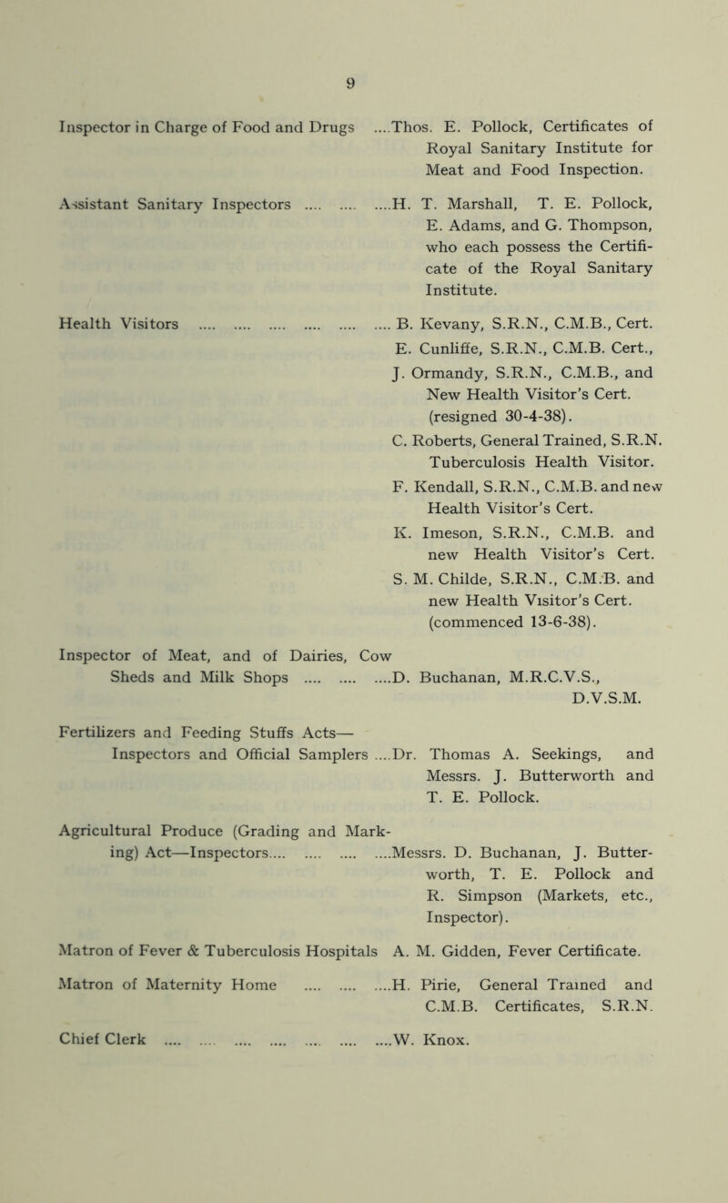 Inspector in Charge of Food and Drugs ....Thos. E. Pollock, Certificates of Royal Sanitary Institute for Meat and Food Inspection. Assistant Sanitary Inspectors H. T. Marshall, T. E. Pollock, E. Adams, and G. Thompson, who each possess the Certifi- cate of the Royal Sanitary Institute. Health Visitors B. Kevany, S.R.N., C.M.B., Cert. E. Cunliffe, S.R.N., C.M.B. Cert., J. Ormandy, S.R.N., C.M.B., and New Health Visitor's Cert, (resigned 30-4-38). C. Roberts, General Trained, S.R.N. Tuberculosis Health Visitor. F. Kendall, S.R.N., C.M.B. and new Health Visitor’s Cert. K. Imeson, S.R.N., C.M.B. and new Health Visitor’s Cert. S. M. Childe, S.R.N., C.M.'B. and new Health Visitor’s Cert, (commenced 13-6-38). Inspector of Meat, and of Dairies, Cow Sheds and Milk Shops D. Buchanan, M.R.C.V.S., D.V.S.M. Fertilizers and Feeding Stuffs Acts— Inspectors and Official Samplers ....Dr. Thomas A. Seekings, and Messrs. J. Butterworth and T. E. Pollock. Agricultural Produce (Grading and Mark- ing) Act—Inspectors Messrs. D. Buchanan, J. Butter- worth, T. E. Pollock and R. Simpson (Markets, etc.. Inspector). Matron of Fever & Tuberculosis Hospitals A. M. Gidden, Fever Certificate. Matron of Maternity Home H. Pirie, General Trained and C.M.B. Certificates, S.R.N. Chief Clerk W. Knox.