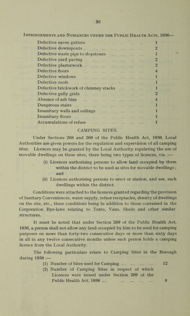 Infringements and Nuisances under the Public Health Acts, 1936— Defective eaves gutters 1 Defective downspouts 2 Defective waste pipe to slopstones 1 Defective yard paving 2 Defective plasterwork 2 Defective floors 4 Defective windows 1 Defective roofs • 1 Defective brickwork of chimney stacks 1 Defective gully grids 2 Absence of ash bins 4 Dangerous stairs 1 Insanitary walls and ceilings 1 Insanitary floors 1 Accumulations of refuse 1 CAMPING SITES. Under Sections 268 and 269 of the Public Health Act, 1936, Local Authorities are given powers for the regulation and supervision of all camping sites. Licences may be granted by the Local Authority regulating the use of movable dwellings on these sites, there being two types of licences, viz. :— (i) Licences authorising persons to allow land occupied by them within the district to be used as sites for movable dwellings ; and (ii) Licences authorising persons to erect or station, and use, such dwellings within the district. Conditions were attached to the licences granted regarding the provision of Sanitary Conveniences, water supply, refuse receptacles, density of dwellings on the site, etc., these conditions being in addition to those contained in the Corporation Bye-laws relating to Tents, Vans, Sheds and other similar structures. It must be noted that under Section 269 of the Public Health Act, 1936, a person shall not allow any land occupied by him to be used for camping purposes on more than forty-two consecutive days or more than sixty days in all in any twelve consecutive months unless such person holds a camping licence from the Local Authority. The following particulars relate to Camping Sites in the Borough during 1938 :— (1) Number of Sites used for Camping 12 (2) Number of Camping Sites in respect of which Licences were issued under Section 269 of the PublicHealth Act, 1936 .... 8