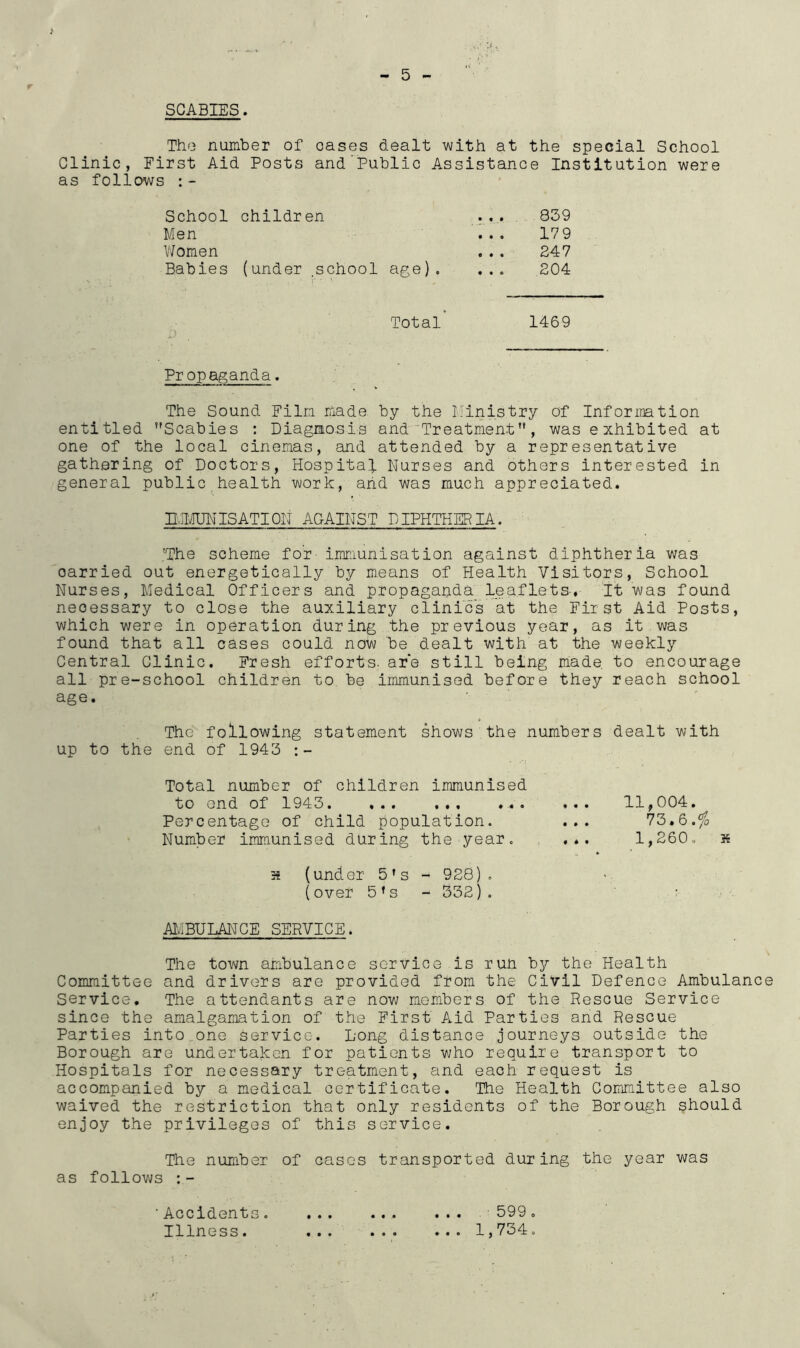 SCABIES. The number of oases dealt with at the special School Clinic, First Aid Posts and Public Assistance Institution were as follows :- School children 839 Men 179 V/omen 247 Babies (under .school age) . 204 Total 1469 Propaganda♦ The Sound Film made by the Ministry of Information entitled Scabies : Diagnosis and'Treatment, was exhibited at one of the local cinemas, and attended by a representative gathering of Doctors, Hospital Nurses and others interested in general public health work, and was much appreciated. BiTIUNISATION AQAINST DIPHTHERIA. .■'The scheme for^ immunisation against diphtheria was 'carried out energetically by means of Health Visitors, School Nurses, Medical Officers and propaganda leaflets-, It was found necessary to close the auxiliary clinics at the First Aid Posts, which were in operation during the previous year, as it,was found that all cases could now be dealt with at the weekly Central Clinic. Fresh efforts, are still being made, to encourage all pre-school children to be immunised before they reach school age. The following statement shows the numbers dealt with up to the end of 1943 Total number of children immunised to ond of 1943 Percentage of child population. Number immunised during the year. s (under 5's - 928). (over 5’s - 532). AIvIBULANCE SERVICE. The town ambulance service is run by the Health Committee and drivers are provided from the Civil Defence Ambulance Service, The attendants are now members of the Rescue Service since the amalgamation of the First Aid Parties and Rescue Parties into one service. Long distance journeys outside the Borough are undertaken for patients who require transport to Hospitals for necessary treatment, and each request is accompanied by a medical certificate. The Health Committee also waived the restriction that only residents of the Borough should enjoy the privileges of this service. The number of cases transported during the year was as follows :- 11,004. 73.6.fo 1,260. K 599 , 1,734. ■ Accidents. Illness. • • • • •