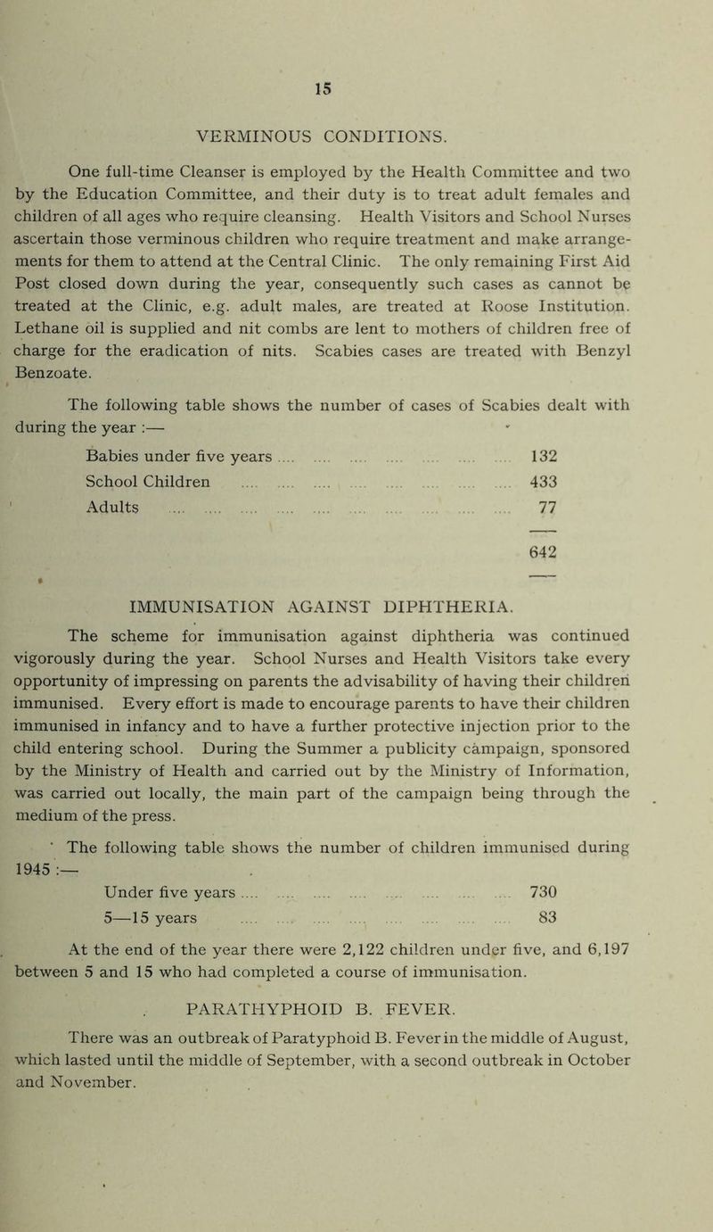 VERMINOUS CONDITIONS. One full-time Cleanser is employed by the Health Committee and two by the Education Committee, and their duty is to treat adult females and children of all ages who require cleansing. Health Visitors and School Nurses ascertain those verminous children who require treatment and make arrange- ments for them to attend at the Central Clinic. The only remaining First Aid Post closed down during the year, consequently such cases as cannot be treated at the Clinic, e.g. adult males, are treated at Roose Institution. Lethane oil is supplied and nit combs are lent to mothers of children free of charge for the eradication of nits. Scabies cases are treated with Benzyl Benzoate. The following table shows the number of cases of Scabies dealt with during the year :— Babies under five years 132 School Children 433 Adults 77 642 IMMUNISATION AGAINST DIPHTHERIA. The scheme for immunisation against diphtheria was continued vigorously during the year. School Nurses and Health Visitors take every opportunity of impressing on parents the advisability of having their children immunised. Every effort is made to encourage parents to have their children immunised in infancy and to have a further protective injection prior to the child entering school. During the Summer a publicity campaign, sponsored by the Ministry of Health and carried out by the Ministry of Information, was carried out locally, the main part of the campaign being through the medium of the press. The following table shows the number of children immunised during 1945:— Under five years 730 5—15 years 83 At the end of the year there were 2,122 children under five, and 6,197 between 5 and 15 who had completed a course of immunisation. PARATHYPHOID B. FEVER. There was an outbreak of Paratyphoid B. Fever in the middle of August, which lasted until the middle of September, with a second outbreak in October and November.