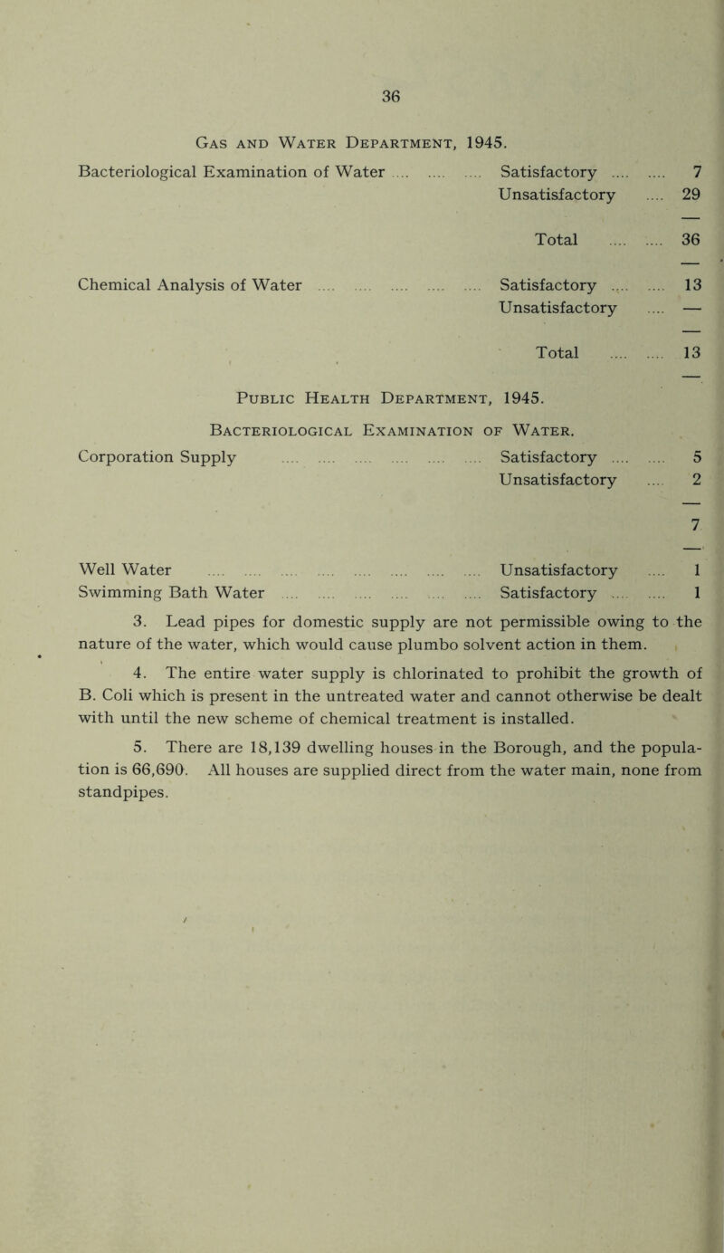 Gas and Water Department, 1945. Bacteriological Examination of Water Satisfactory ... 7 Unsatisfactory ... 29 Total ... 36 Chemical Analysis of Water Satisfactory ... 13 Unsatisfactory ... — Total ... 13 Public Health Department, 1945. Bacteriological Examination of Water. Corporation Supply Satisfactory ... 5 Unsatisfactory .. 2 7 Well Water Unsatisfactory 1 Swimming Bath Water Satisfactory 1 3. Lead pipes for domestic supply are not permissible owing to the nature of the water, which would cause plumbo solvent action in them. 4. The entire water supply is chlorinated to prohibit the growth of B. Coli which is present in the untreated water and cannot otherwise be dealt with until the new scheme of chemical treatment is installed. 5. There are 18,139 dwelling houses in the Borough, and the popula- tion is 66,69(>. All houses are supplied direct from the water main, none from standpipes.