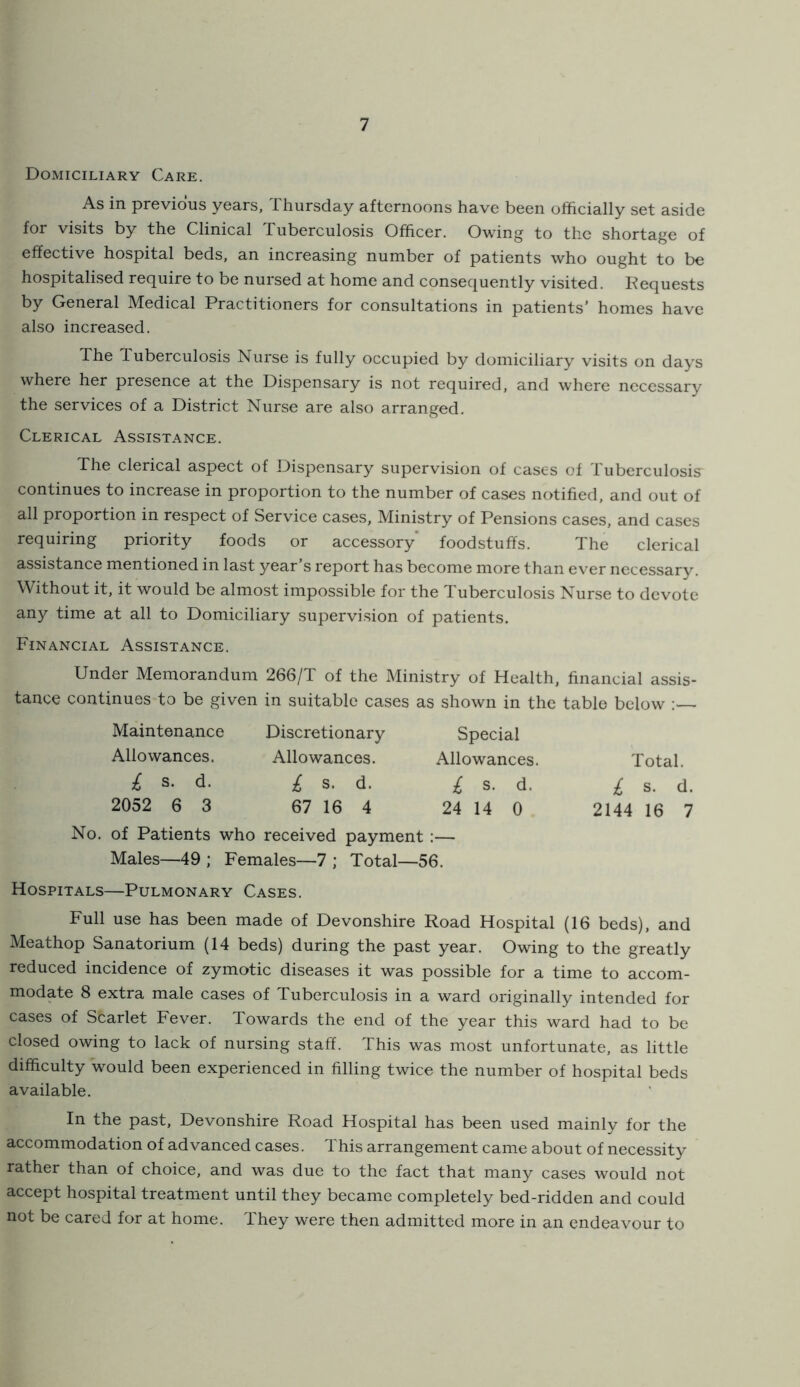 Domiciliary Care. As in previous years, Thursday afternoons have been officially set aside for visits by the Clinical Tuberculosis Officer. Owing to the shortage of effective hospital beds, an increasing number of patients who ought to be hospitalised require to be nursed at home and consequently visited. Requests by General Medical Practitioners for consultations in patients’ homes have also increased. The Tuberculosis Nurse is fully occupied by domiciliary visits on days where her presence at the Dispensary is not required, and where necessary the services of a District Nurse are also arranged. Clerical Assistance. The clerical aspect of Dispensary supervision of cases of Tuberculosis continues to increase in proportion to the number of cases notified, and out of all proportion in respect of Service cases. Ministry of Pensions cases, and cases requiring priority foods or accessory foodstuffs. The clerical assistance mentioned in last year’s report has become more than ever necessary. Without it, it would be almost impossible for the Tuberculosis Nurse to devote any time at all to Domiciliary supervision of patients. Financial Assistance. Under Memorandum 266/T of the Ministry of Health, financial assis- tance continues to be given in suitable cases as shown in the table below : Maintenance Allowances. i s. d. 2052 6 3 Discretionary Allowances. i s. d. 67 16 4 Special Allowances. i s. d. 24 14 0 No. of Patients who received payment :— Males—49 ; Females—7 ; Total—56. Hospitals—Pulmonary Cases. Total. i s. d. 2144 16 7 Full use has been made of Devonshire Road Hospital (16 beds), and Meathop Sanatorium (14 beds) during the past year. Owing to the greatly reduced incidence of zymotic diseases it was possible for a time to accom- modate 8 extra male cases of Tuberculosis in a ward originally intended for cases of Scarlet Fever. Towards the end of the year this ward had to be closed owing to lack of nursing staff. This was most unfortunate, as little difficulty would been experienced in filling twice the number of hospital beds available. In the past, Devonshire Road Hospital has been used mainly for the accommodation of advanced cases. This arrangement came about of necessity rather than of choice, and was due to the fact that many cases would not accept hospital treatment until they became completely bed-ridden and could not be cared for at home. They were then admitted more in an endeavour to