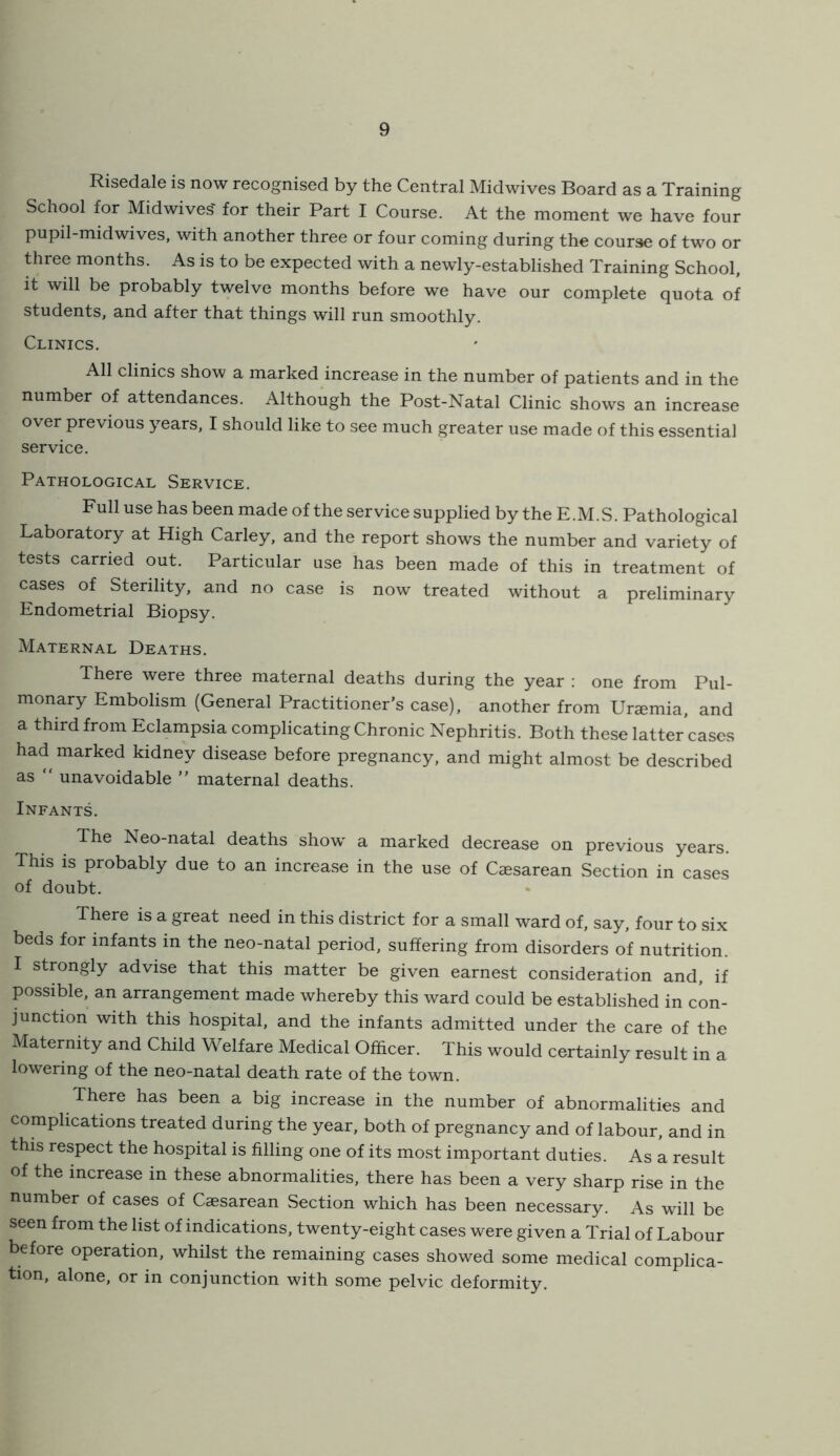 Risedale is now recognised by the Central Midwives Board as a Training School for Midwives' for their Part I Course. At the moment we have four pupil-midwives, with another three or four coming during the course of two or three months. As is to be expected with a newly-established Training School, it will be probably twelve months before we have our complete quota of students, and after that things will run smoothly. Clinics. All clinics show a marked increase in the number of patients and in the number of attendances. Although the Post-Natal Clinic shows an increase over previous years, I should like to see much greater use made of this essential service. Pathological Service. Full use has been made of the service supplied by the E.M.S. Pathological Laboratory at High Carley, and the report shows the number and variety of tests carried out. Particular use has been made of this in treatment of cases of Sterility, and no case is now treated without a preliminary Endometrial Biopsy. Maternal Deaths. There were three maternal deaths during the year : one from Pul- monary Embolism (General Practitioner’s case), another from Uremia, and a third from Eclampsia complicating Chronic Nephritis. Both these latter cases had marked kidney disease before pregnancy, and might almost be described as “ unavoidable ” maternal deaths. Infants. The Neo-natal deaths show a marked decrease on previous years. This is probably due to an increase in the use of Cesarean Section in cases of doubt. There is a great need in this district for a small ward of, say, four to six beds for infants in the neo-natal period, suffering from disorders of nutrition. I strongly advise that this matter be given earnest consideration and, if possible, an arrangement made whereby this ward could be established in con- junction with this hospital, and the infants admitted under the care of the Maternity and Child Welfare Medical Officer. This would certainly result in a lowering of the neo-natal death rate of the town. There has been a big increase in the number of abnormalities and complications treated during the year, both of pregnancy and of labour, and in this respect the hospital is filling one of its most important duties. As a result of the increase in these abnormalities, there has been a very sharp rise in the number of cases of Caesarean Section which has been necessary. As will be seen from the list of indications, twenty-eight cases were given a Trial of Labour before operation, whilst the remaining cases showed some medical complica- tion, alone, or in conjunction with some pelvic deformity.