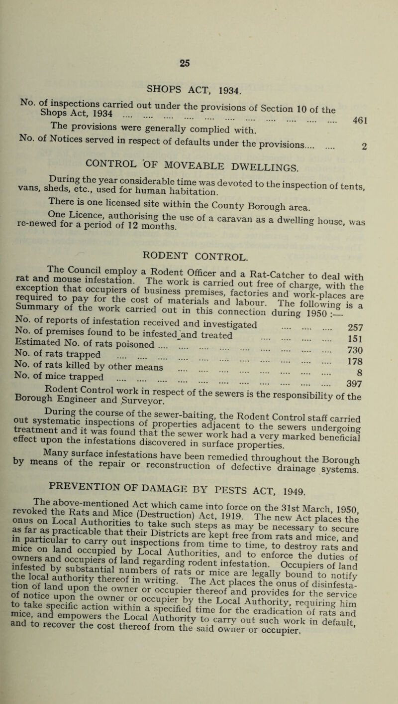 SHOPS ACT, 1934. N°' Stopf Act?ni934rried OUt Under the ProvisioQS of Section 10 of the The provisions were generally complied with. No. of Notices served in respect of defaults under the provisions CONTROL OF MOVEABLE DWELLINGS. vans, sted^etc^used1 fornhuman1hab^ationdeVOted *° ^ 'nsPection °* tents. There is one licensed site within the County Borough area. re-newe^for “Se °f & Caravan “ a dwelIin8 house- was 257 151 730 178 8 397 RODENT CONTROL. Summary of the work carried out in this connection during* 1950 8 No. of reports of infestation received and investigated No. of premises found to be infested and treated Estimated No. of rats poisoned .... ”... No. of rats trapped No. of rats killed by other means No. of mice trapped B0rou^°Engineer*and'^urveyorS*,eCt °* * *the resP<“^ of the sfiSSMigsss by meMryUtrheCrenaf?Stati°nS hav.e been remedied throughout the Borough Dy means of the repair or reconstruction of defective drainage systems PREVENTION OF DAMAGE BY PESTS ACT 1949 iPipSI*