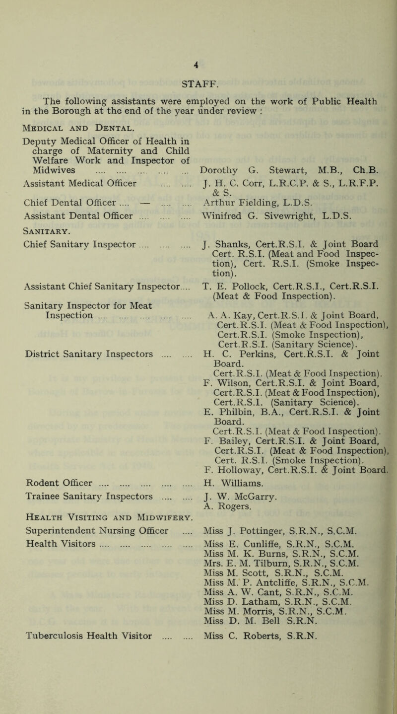 STAFF. The following assistants were employed on the work of Public Health in the Borough at the end of the year under review : Medical and Dental. Deputy Medical Officer of Health in charge of Maternity and Child Welfare Work and Inspector of Midwives Assistant Medical Officer Chief Dental Officer .... — Assistant Dental Officer Sanitary. Chief Sanitary Inspector Assistant Chief Sanitary Inspector ... Sanitary Inspector for Meat Inspection District Sanitary Inspectors Rodent Officer Trainee Sanitary Inspectors Health Visiting and Midwifery. Superintendent Nursing Officer Health Visitors Tuberculosis Health Visitor Dorothy G. Stewart, M.B., Ch.B. J. H. C. Corr, L.R.C.P. & S.. L.R.F.P. & S. Arthur Fielding, L.D.S. Winifred G. Sivewright, L.D.S. J. Shanks, Cert.R.S.I. & Joint Board Cert. R.S.I. (Meat and Food Inspec- tion), Cert. R.S.I. (Smoke Inspec- tion) . T. E. Pollock, Cert.R.S.I., Cert.R.S.I. (Meat & Food Inspection). A. A. Kay, Cert.R.S.I. & Joint Board, Cert.R.S.I. (Meat & Food Inspection), Cert.R.S.I. (Smoke Inspection), Cert.R.S.I. (Sanitary Science). H. C. Perkins, Cert.R.S.I. & Joint Board. Cert.R.S.I. (Meat & Food Inspection). F. Wilson, Cert.R.S.I. & Joint Board, Cert.R.S.I. (Meat & Food Inspection), Cert.R.S.I. (Sanitary Science). E. Philbin, B.A., Cert.R.S.I. & Joint Board. Cert.R.S.I. (Meat & Food Inspection). F. Bailey, Cert.R.S.I. & Joint Board, Cert.R.S.I. (Meat & Food Inspection), Cert. R.S.I. (Smoke Inspection). F. Holloway, Cert.R.S.I. & Joint Board. H. Williams. Miss J. Pottinger, S.R.N., S.C.M. Miss E. Cunliffe, S.R.N., S.C.M. Miss M. K. Burns, S.R.N., S.C.M. Mrs. E. M. Tilburn, S.R.N., S.C.M. Miss M. Scott, S.R.N., S.C.M. Miss M. P. Antcliffe, S.R.N., S.C.M. Miss A. W. Cant, S.R.N., S.C.M. Miss D. Latham, S.R.N., S.C.M. Miss M. Morris, S.R.N., S.C.M, Miss D. M. Bell S.R.N. Miss C. Roberts, S.R.N. J. W. McGarry. A. Rogers.