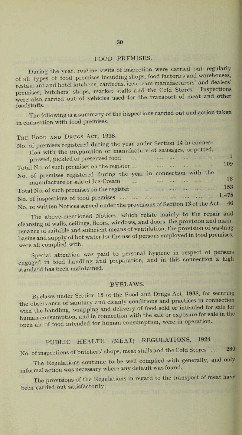 FOOD PREMISES. During the year, routine visits of inspection were carried out regularly of all types of food premises including shops, food factories and warehouses, restaurant and hotel kitchens, canteens, ice-cream manufacturers’ and dealers’ premises, butchers’ shops, market stalls and the Cold Stores. Inspections were also carried out of vehicles used for the transport of meat and other foodstuffs. The following is a summary of the inspections carried out and action taken in connection with food premises. The Food and Drugs Act, 1938. No. of premises registered during the year under Section 14 in connec- tion with the preparation or manufacture of sausages, or potted, pressed, pickled or preserved food ^ Total No. of such premises on the register ^ 09 No. of premises registered during the year in connection with the manufacture or sale of Ice-Cream 1 CO Total No. of such premises on the register No. of inspections of food premises 1,475 No. of written Notices served under the provisions of Section 13 of the Act 46 The above-mentioned Notices, which relate mainly to the repair and cleansing of walls, ceilings, floors, windows, and doors, the provision and main- tenance of suitable and sufficient means of ventilation, the provision of wa.shing basins and supply of hot water for the use of persons employed in food premises, were all complied with. Special attention was paid to personal hygiene in respect of persons engaged in food handling and preparation, and in this connection a high standard has been maintained. BYELAWS. Byelaws under Section 15 of the Food and Drugs Act, 1938, for securing the observance of sanitary and cleanly conditions and practices in connection with the handling, wrapping and delivery of food sold or intended for sale for human consumption, and in connection with the sale or exposure for sale m the open air of food intended for human consumption, were in operation. PUBLIC HEALTH (MEAT) REGULATIONS, 1924 No. of inspections of butchers’ shops, meat stalls and the Cold Stores .... 280 The Regulations continue to be well complied with generally, and only informal action was necessary where any default was found. The provisions of the Regulations in regard to the transport of meat have been carried out satisfactorily.