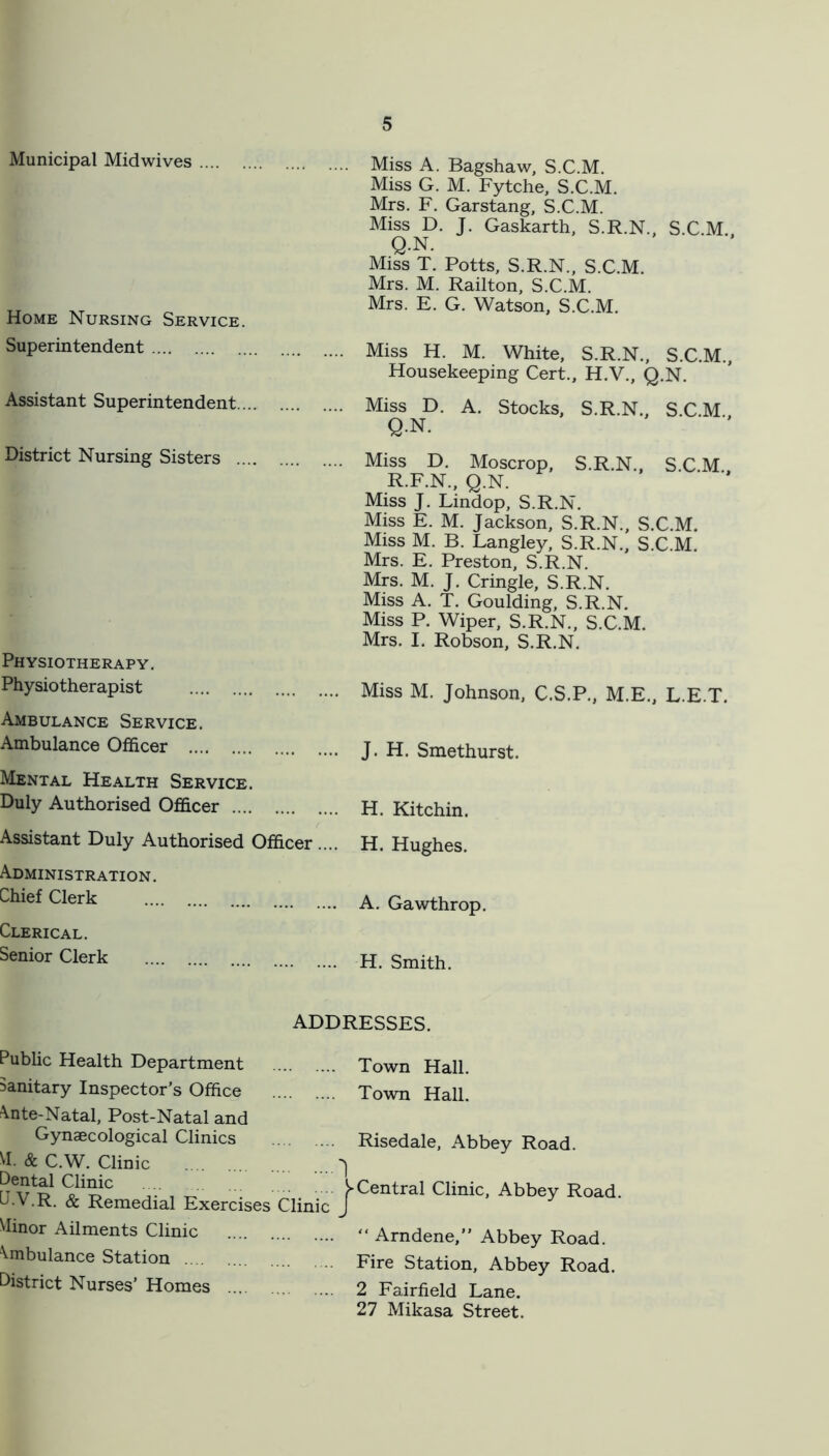 Municipal Mid wives .... Home Nursing Service. Superintendent Assistant Superintendent District Nursing Sisters Physiotherapy. Physiotherapist Ambulance Service. Ambulance Officer Mental Health Service. Duly Authorised Officer Assistant Duly Authorised Officer.... Administration. Miss A. Bagshaw, S.C.M. Miss G. M. Fytche, S.C.M. Mrs. F. Garstang, S.C.M. Miss D. J. Gaskarth, S.R.N., S.C.M., Q.N. Miss T. Potts, S.R.N., S.C.M. Mrs. M. Railton, S.C.M. Mrs. E. G. Watson, S.C.M. Miss H. M. White, S.R.N., S.C.M., Housekeeping Cert., H.V., Q.N. Miss D. A. Stocks, S.R.N., S.C.M., Q. N. Miss D. Moscrop, S.R.N.. S C M R. F.N., Q.N. ■ ■' Miss J. Lindop, S.R.N. Miss E. M. Jackson, S.R.N., S.C.M. Miss M. B. Langley, S.R.N., S.C.M. Mrs. E. Preston, S.R.N. Mrs. M. J. Cringle, S.R.N. Miss A. T. Goulding, S.R.N. Miss P. Wiper, S.R.N., S.C.M. Mrs. I. Robson, S.R.N. Miss M. Johnson. C.S.P., M.E., L.E.T. J. H. Smethurst. H. Kitchin. H. Hughes. Chief Clerk A. Gawthrop. Clerical. Senior Clerk H. Smith. ADDRESSES. Public Health Department Town Hall. sanitary Inspector’s Office Town Hall. ^nte-Natal, Post-Natal and Gynaecological Clinics VI. & C.W. Clinic Dental Clinic C.V.R. & Remedial Exercises Clinic Minor Ailments Clinic \mbulance Station District Nurses’ Homes Risedale, Abbey Road. Central Clinic, Abbey Road. “ Arndene,” Abbey Road. Fire Station, Abbey Road. 2 Fairfield Lane. 27 Mikasa Street.