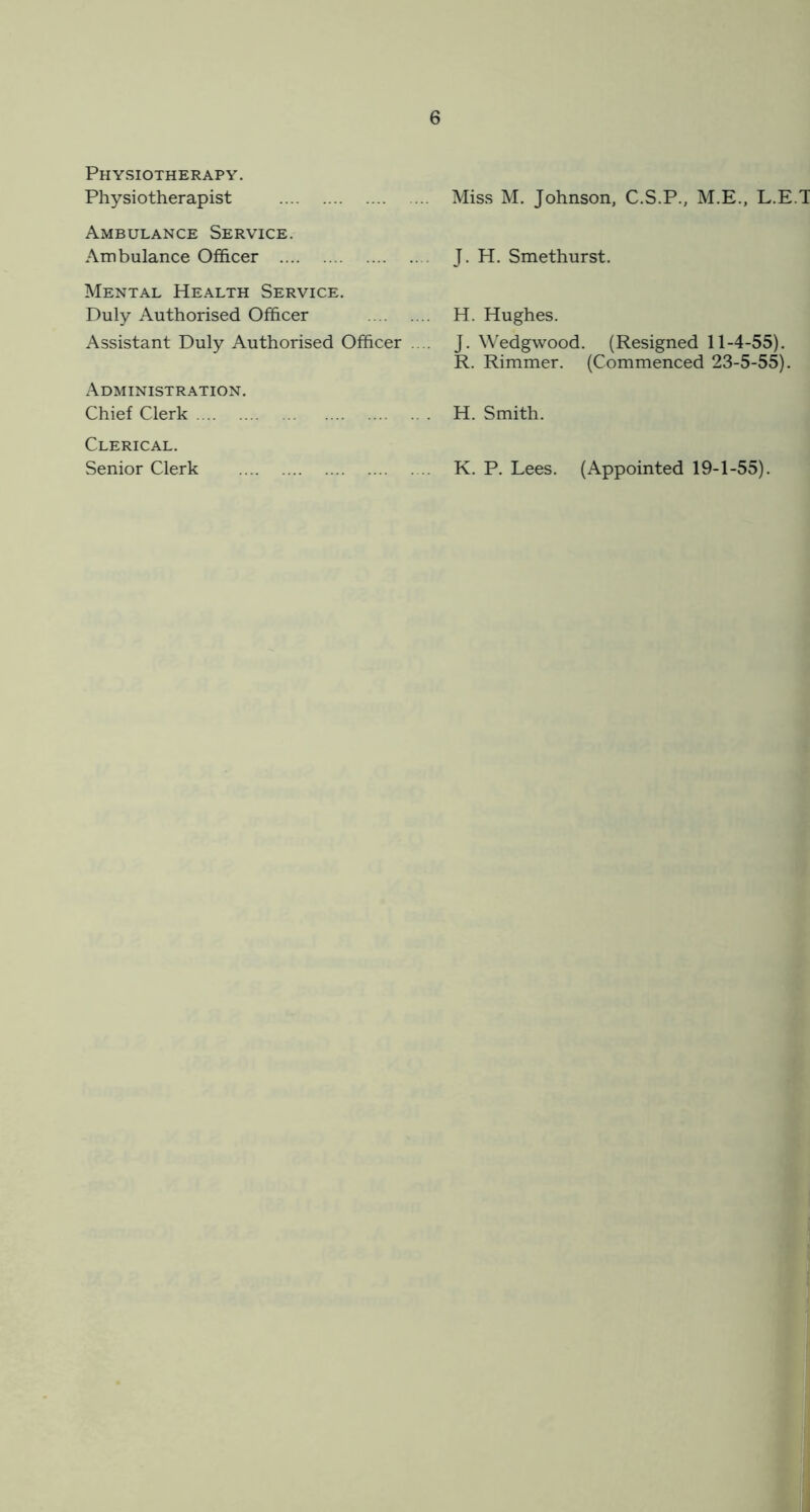 Physiotherapy. Physiotherapist Ambulance Service. Ambulance Officer Mental Health Service. Duly Authorised Officer Assistant Duly Authorised Officer .... Administration. Chief Clerk Clerical. Senior Clerk Miss M. Johnson, C.S.P., M.E., L.E.T J. H. Smethurst. H. Hughes. J. Wedgwood. (Resigned 11-4-55). R. Rimmer. (Commenced 23-5-55). H. Smith. K. P. Lees. (Appointed 19-1-55).
