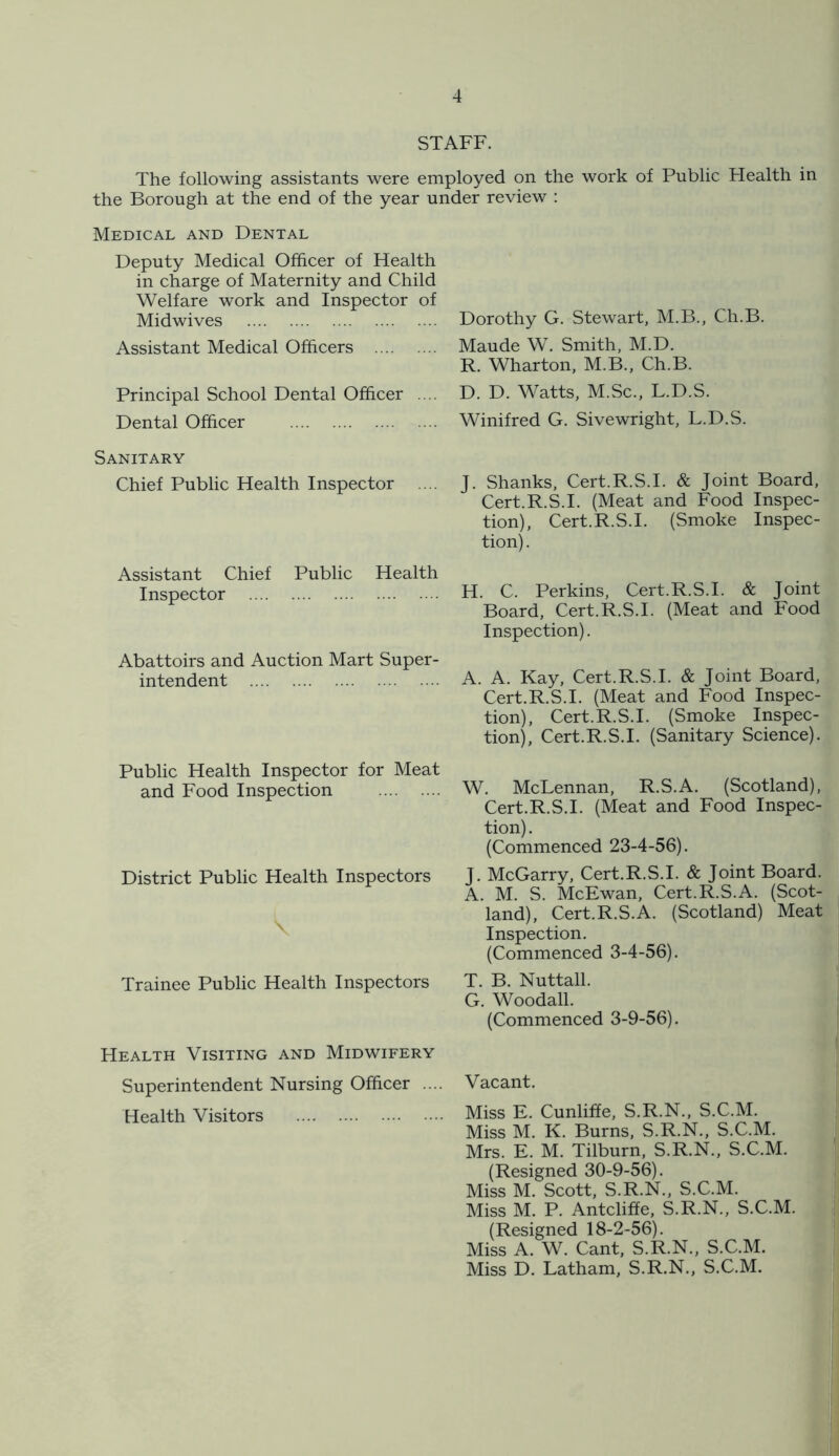 STAFF. The following assistants were employed on the work of Public Health in the Borough at the end of the year under review : Medical and Dental Deputy Medical Officer of Health in charge of Maternity and Child Welfare work and Inspector of Midwives Assistant Medical Officers Principal School Dental Officer .... Dental Officer Sanitary Chief Public Health Inspector .... Assistant Chief Public Health Inspector Abattoirs and Auction Mart Super- intendent Public Health Inspector for Meat and Food Inspection District Public Health Inspectors Trainee Public Health Inspectors Health Visiting and Midwifery Superintendent Nursing Officer .... Health Visitors Dorothy G. Stewart, M.B., Ch.B. Maude W. Smith, M.D. R. Wharton, M.B., Ch.B. D. D. Watts, M.Sc., L.D.S. Winifred G. Sivewright, L.D.S. J. Shanks, Cert.R.S.I. & Joint Board, Cert.R.S.I. (Meat and Food Inspec- tion), Cert.R.S.I. (Smoke Inspec- tion) . H. C. Perkins, Cert.R.S.I. & Joint Board, Cert.R.S.I. (Meat and Food Inspection). A. A. Kay, Cert.R.S.I. & Joint Board, Cert.R.S.I. (Meat and Food Inspec- tion), Cert.R.S.I. (Smoke Inspec- tion), Cert.R.S.I. (Sanitary Science). W. McLennan, R.S.A. (Scotland), Cert.R.S.I. (Meat and Food Inspec- tion) . (Commenced 23-4-56). J. McGarry, Cert.R.S.I. & Joint Board. A. M. S. McEwan, Cert.R.S.A. (Scot- land), Cert.R.S.A. (Scotland) Meat Inspection. (Commenced 3-4-56). T. B. Nuttall. G. Woodall. (Commenced 3-9-56). Vacant. Miss E. Cunliffe, S.R.N., S.C.M. Miss M. K. Burns, S.R.N., S.C.M. Mrs. E. M. Tilburn, S.R.N., S.C.M. (Resigned 30-9-56). Miss M. Scott, S.R.N., S.C.M. Miss M. P. Antcliffe, S.R.N., S.C.M. (Resigned 18-2-56). Miss A. W. Cant, S.R.N., S.C.M. Miss D. Latham, S.R.N., S.C.M.