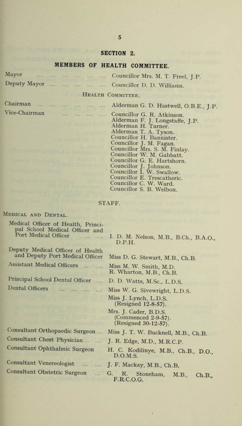 SECTION 2. Mayor Deputy Mayor Chairman .... Vice-Chairman MEMBERS OF HEALTH COMMITTEE. Councillor Mrs. M. T. Freel, J.P. Councillor D. D. Williams. Health Committee. Alderman G. D. Hastwell, O.B.E., J.P. Councillor G. R. Atkinson. Alderman F. J. Longstaffe, J.P. Alderman H. Turner. Alderman T. A. Tyson. Councillor H. Bannister. Councillor J. M. Fagan. Councillor Mrs. S. M. Finlay. Councillor W. M. Gabbatt. Councillor G. E. Hartshorn. Councillor J. Johnson. Councillor I. W. Swallow. Councillor E. Trescatheric. Councillor C. W. Ward. Councillor S. B. Welbon. STAFF. Medical and Dental. Medical Officer of Health, Princi- pal School Medical Officer and Port Medical Officer Deputy Medical Officer of Health and Deputy Port Medical Officer Assistant Medical Officers Principal School Dental Officer Dental Officers Consultant Orthopaedic Surgeon. .. Consultant Chest Physician Consultant Ophthalmic Surgeon Consultant Venereologist Consultant Obstetric Surgeon I. D. M. Nelson, M.B., B.Ch., B.A.O D.P.H. Miss D. G. Stewart, M.B., Ch.B. Miss M. W. Smith, M.D. R. Wharton, M.B., Ch.B. D. D. Watts, M.Sc., L.D.S. Miss W. G. Sivewright, L.D.S. Miss J. Lynch, L.D.S. (Resigned 12-8-57). Mrs. J. Cader, B.D.S. (Commenced 2-9-57). (Resigned 30-12-57). Miss J. T. W. Bucknell, M.B., Ch.B. J. R. Edge, M.D., M.R.C.P. H. C. Kodilinye, M.B., Ch.B D O D.O.M.S. ’ ' '' J. F. Mackay, M.B., Ch.B. G. R. Stoneham, M.B. Ch B F,R.C,O.G, '