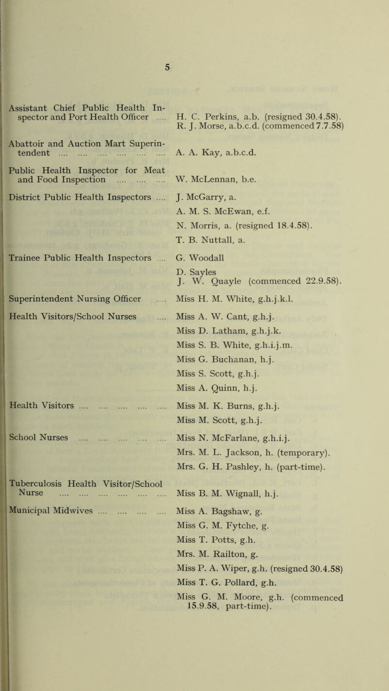 Assistant Chief Public Health In- spector and Port Health Officer .,.. I Abattoir and Auction Mart Superin- : tendent Public Health Inspector for Meat and Food Inspection I District Public Health Inspectors .... Trainee Public Health Inspectors .... 11 Superintendent Nursing Officer I Health Visitors/School Nurses i Health Visitors : j School Nurses I ! I Tuberculosis Health Visitor/School ^ Nurse .. Municipal Midwives i ( 1 H. C. Perkins, a.b. (resigned 30.4.58). R. J. Morse, a.b.c.d. (commenced 7.7.58) A. A. Kay, a.b.c.d. W. McLennan, b.e. J. McGarry, a. A. M. S. McEwan, e.f. N. Morris, a. (resigned 18.4.58). T. B. Nuttall, a. G. Woodall D. Sayles J. W. Quayle (commenced 22.9.58). Miss H. M. White, g.h.j.k.l. Miss A. W. Cant, g.h.j. Miss D. Latham, g.h.j.k. Miss S. B. White, g.h.i.j.m. Miss G. Buchanan, h.j. Miss S. Scott, g.h.j. Miss A. Quinn, h.j. Miss M. K. Burns, g.h.j. Miss M. Scott, g.h.j. Miss N. McFarlane, g.h.i.j. Mrs. M. L. Jackson, h. (temporary). Mrs. G. H. Pashley, h. (part-time). Miss B. M. Wignall, h.j. Miss A. Bagshaw, g. Miss G. M. Fytche, g. Miss T. Potts, g.h. Mrs. M. Railton, g. Miss P. A. Wiper, g.h. (resigned 30.4.58) Miss T. G. Pollard, g.h. Miss G. M. Moore, g.h. (commenced 15.9.58, part-time).