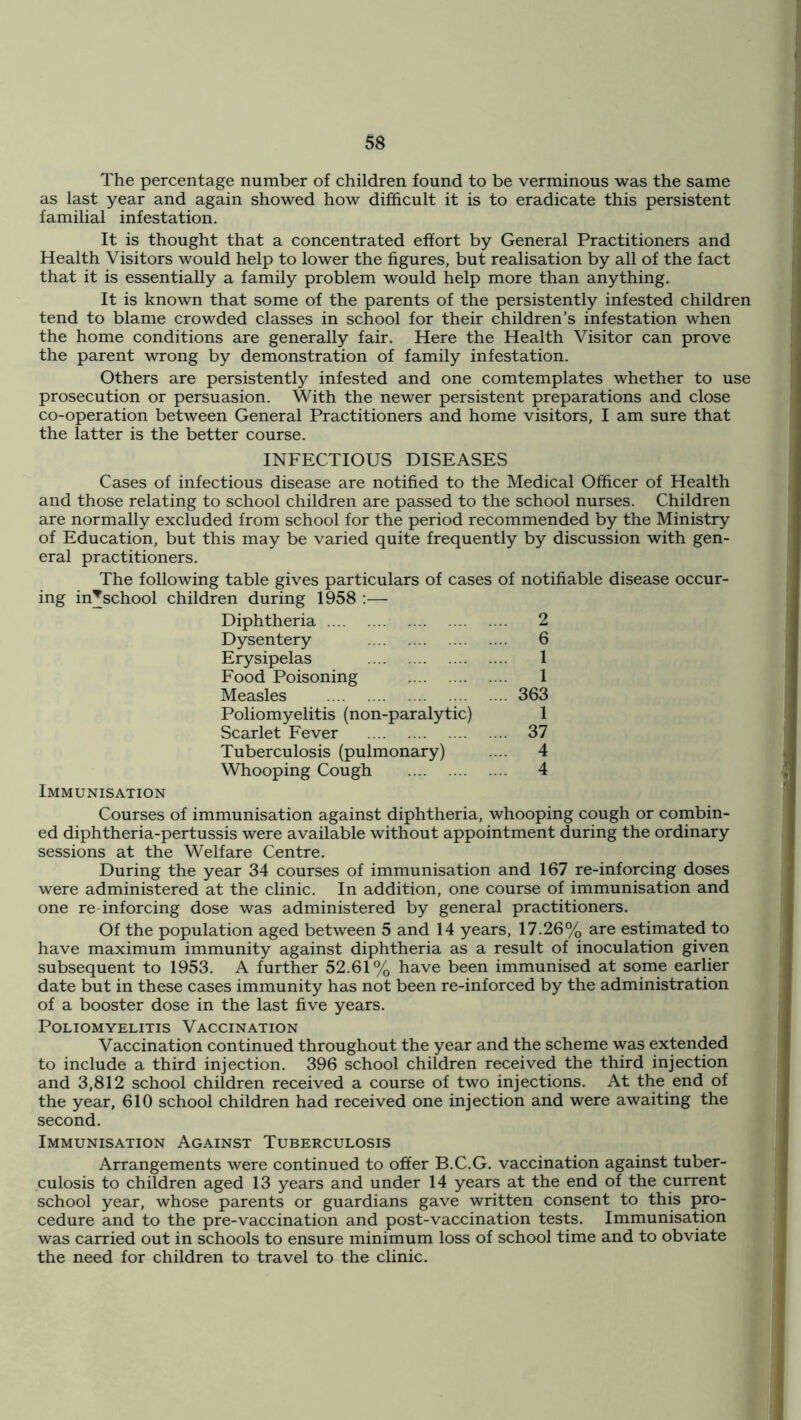 The percentage number of children found to be verminous was the same as last year and again showed how difficult it is to eradicate this persistent familial infestation. It is thought that a concentrated effort by General Practitioners and Health Visitors would help to lower the figures, but realisation by all of the fact that it is essentially a family problem would help more than anything. It is known that some of the parents of the persistently infested children tend to blame crowded classes in school for their children’s infestation when the home conditions are generally fair. Here the Health Visitor can prove the parent wrong by demonstration of family infestation. Others are persistently infested and one comtemplates whether to use prosecution or persuasion. With the newer persistent preparations and close co-operation between General Practitioners and home visitors, I am sure that the latter is the better course. INFECTIOUS DISEASES Cases of infectious disease are notified to the Medical Officer of Health and those relating to school children are passed to the school nurses. Children are normally excluded from school for the period recommended by the Ministry of Education, but this may be varied quite frequently by discussion with gen- eral practitioners. The following table gives particulars of cases of notifiable disease occur- ing in^school children during 1958 :— Diphtheria 2 Dysentery 6 Erysipelas 1 Food Poisoning 1 Measles 363 Poliomyelitis (non-paralytic) 1 Scarlet Fever 37 Tuberculosis (pulmonary) .... 4 Whooping Cough 4 Immunisation Courses of immunisation against diphtheria, whooping cough or combin- ed diphtheria-pertussis were available without appointment during the ordinary sessions at the Welfare Centre. During the year 34 courses of immunisation and 167 re-inforcing doses were administered at the clinic. In addition, one course of immunisation and one re inforcing dose was administered by general practitioners. Of the population aged between 5 and 14 years, 17.26% are estimated to have maximum immunity against diphtheria as a result of inoculation given subsequent to 1953. A further 52.61% have been immunised at some earlier date but in these cases immunity has not been re-inforced by the administration of a booster dose in the last five years. Poliomyelitis Vaccination Vaccination continued throughout the year and the scheme was extended to include a third injection. 396 school children received the third injection and 3,812 school children received a course of two injections. At the end of the year, 610 school children had received one injection and were awaiting the second. Immunisation Against Tuberculosis Arrangements were continued to offer B.C.G. vaccination against tuber- culosis to children aged 13 years and under 14 years at the end of the current school year, whose parents or guardians gave written consent to this pro- cedure and to the pre-vaccination and post-vaccination tests. Immunisation was carried out in schools to ensure minimum loss of school time and to obviate the need for children to travel to the clinic.
