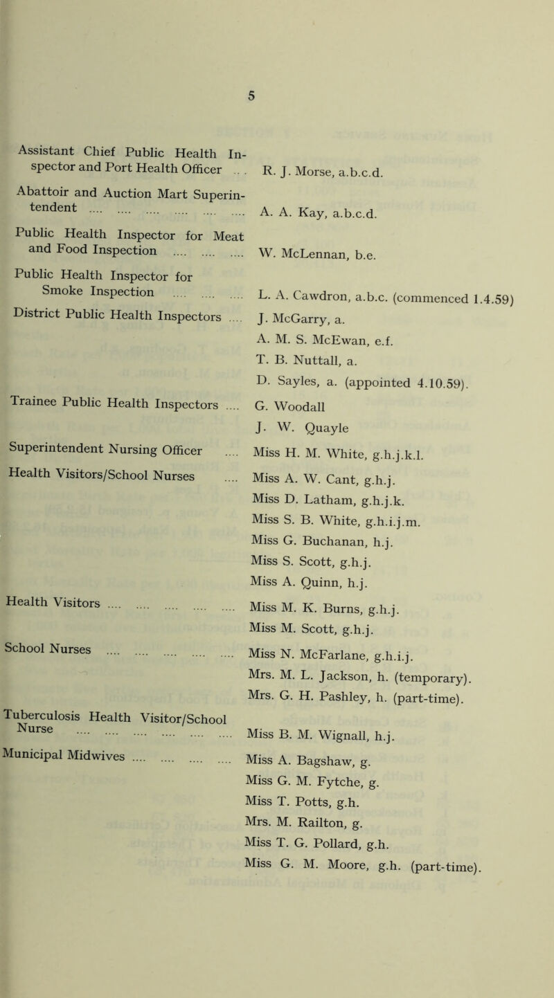 Assistant Chief Public Health In- spector and Port Health Officer ... R. J. Morse, a.b.c.d. Abattoir and Auction Mart Superin- tendent Public Health Inspector for Meat and Food Inspection Public Health Inspector for Smoke Inspection District Public Health Inspectors .... A. A. Kay, a.b.c.d. W. McLennan, b.e. L. A. Cawdron, a.b.c. (commenced 1.4.59) J. McGarry, a. A. M. S. McEwan, e.f. Trainee Public Health Inspectors .... Superintendent Nursing Officer Health Visitors/School Nurses Health Visitors School Nurses Tuberculosis Health Visitor/School Nurse T. B. Nuttall, a. D. Sayles, a. (appointed 4.10.59). G. Woodall J. W. Quayle Miss H. M. White, g.h.j.k.l. Miss A. W. Cant, g.h.j. Miss D. Latham, g.h.j.k. Miss S. B. White, g.h.i.j.m. Miss G. Buchanan, h.j. Miss S. Scott, g.h.j. Miss A. Quinn, h.j. Miss M. K. Burns, g.h.j. Miss M. Scott, g.h.j. Miss N. McFarlane, g.h.i.j. Mrs. M. L. Jackson, h. (temporary). Mrs. G. H. Pashley, h. (part-time). Miss B. M. Wignall, h.j. Municipal Midwives Miss A. Bagshaw, g. Miss G. M. Fytche, g. Miss T. Potts, g.h. Mrs. M. Railton, g. Miss T. G. Pollard, g.h. Miss G. M. Moore, g.h. (part-time