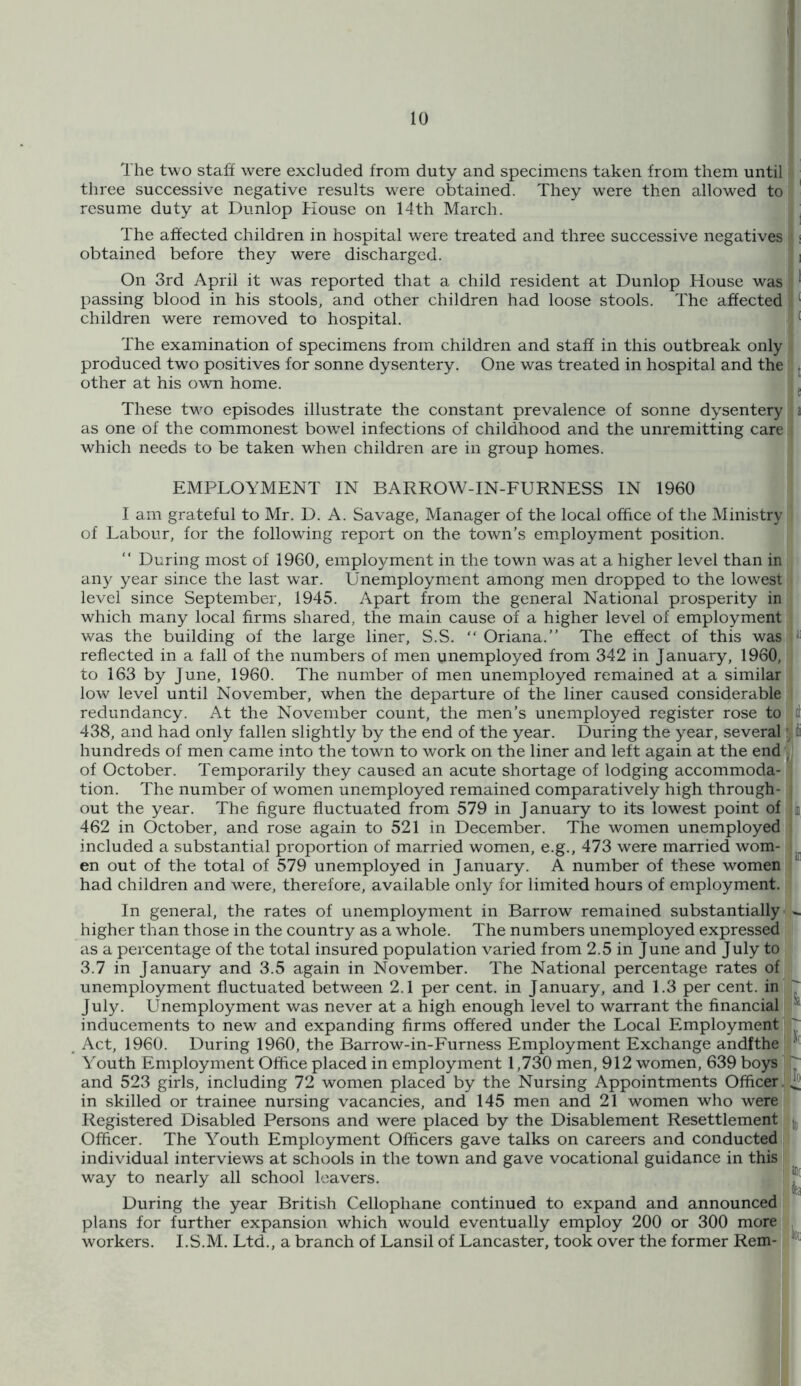 The two staff were excluded from duty and specimens taken from them until three successive negative results w^ere obtained. They w^ere then allowed to resume duty at Dunlop House on 14th March. ; The affected children in hospital were treated and three successive negatives ; obtained before they were discharged. i On 3rd April it was reported that a child resident at Dunlop House was * passing blood in his stools, and other children had loose stools. The affected ‘ children were removed to hospital. ’ The examination of specimens from children and staff in this outbreak only produced two positives for sonne dysentery. One was treated in hospital and the [ other at his own home. ^ These two episodes illustrate the constant prevalence of sonne dysentery a as one of the commonest bow'el infections of childhood and the unremitting care which needs to be taken when children are in group homes. EMPLOYMENT IN BARROW-IN-FURNESS IN 1960 I am grateful to Mr. D. A. Savage, Manager of the local office of the Ministry of Labour, for the following report on the town’s employment position. “ During most of 1960, employment in the town was at a higher level than in any year since the last war. Unemployment among men dropped to the lowest level since September, 1945. Apart from the general National prosperity in which many local firms shared, the main cause of a higher level of employment was the building of the large liner, S.S. “ Oriana.” The effect of this was reflected in a fall of the numbers of men unemployed from 342 in January, 1960, to 163 by June, 1960. The number of men unemployed remained at a similar low level until November, when the departure of the liner caused considerable redundancy. At the November count, the men’s unemployed register rose to cl 438, and had only fallen slightly by the end of the year. During the y^ear, several ’ lii hundreds of men came into the town to work on the liner and left again at the end , of October. Temporarily they caused an acute shortage of lodging accommoda- tion. The number of women unemployed remained comparatively high through- , out the year. The figure fluctuated from 579 in January to its lowest point of i 462 in October, and rose again to 521 in December. The women unemployed included a substantial proportion of married women, e.g., 473 were married worn- ^ en out of the total of 579 unemployed in January. A number of these women had children and were, therefore, available only for limited hours of employment. In general, the rates of unemployment in Barrow remained substantially' - higher than those in the country as a whole. The numbers unemployed expressed as a percentage of the total insured population varied from 2.5 in June and July to,. 3.7 in January and 3.5 again in November. The National percentage rates of unemployment fluctuated between 2.1 per cent, in January, and 1.3 per cent, in J July. Unemployment was never at a high enough level to warrant the financial| inducements to new and expanding firms offered under the Local Employment . Act, 1960. During 1960, the Barrow-in-Furness Employment Exchange andfthe Youth Employment Office placed in employment 1,730 men, 912 women, 639 boys ^ and 523 girls, including 72 women placed by the Nursing Appointments Officer in skilled or trainee nursing vacancies, and 145 men and 21 women who were Registered Disabled Persons and were placed by the Disablement Resettlement Officer. The Youth Employment Officers gave talks on careers and conducted individual interviews at schools in the town and gave vocational guidance in this way to nearly all school leavers. ! f' During the year British Cellophane continued to expand and announced plans for further expansion which w'ould eventually employ 200 or 300 more workers. I.S.M. Ltd., a branch of Lansil of Lancaster, took over the former Rem- ®