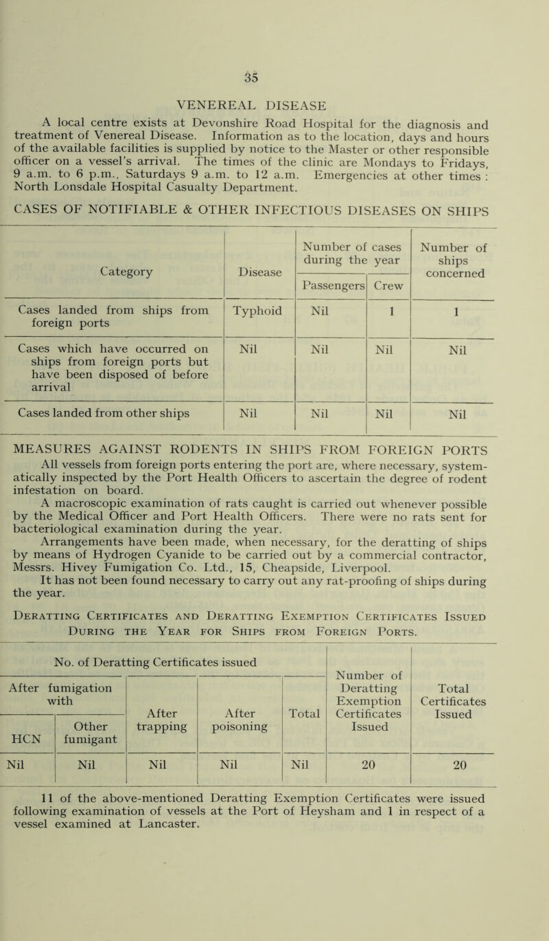 VENEREAL DISEASE A local centre exists at Devonshire Road Hospital for the diagnosis and treatment of Venereal Disease. Information as to the location, days and hours of the available facilities is supplied by notice to the Master or other responsible officer on a vessel’s arrival. The times of the clinic are Mondays to Fridays, 9 a.m. to 6 p.m., Saturdays 9 a.m. to 12 a.m. Emergencies at other times : North Lonsdale Hospital Casualty Department. CASES OF NOTIFIABLE & OTHER INFECTIOUS DISEASES ON SHIPS Category Disease Number of cases during the year Number of ships concerned Passengers Crew Cases landed from ships from foreign ports Typhoid Nil 1 ' Cases which have occurred on ships from foreign ports but have been disposed of before arrival Nil Nil Nil Nil Cases landed from other ships Nil Nil Nil Nil MEASURES AGAINST RODENTS IN SHIPS FROM FOREIGN PORTS All vessels from foreign ports entering the port are, where necessary, system- atically inspected by the Port Health Officers to ascertain the degree of rodent infestation on board. A macroscopic examination of rats caught is carried out whenever possible by the Medical Officer and Port Health Officers. There were no rats sent for bacteriological examination during the year. Arrangements have been made, when necessary, for the deratting of ships by means of Hydrogen Cyanide to be carried out by a commercial contractor, Messrs. Hivey Fumigation Co. Ltd., 15, Cheapside, Liverpool. It has not been found necessary to carry out any rat-proofing of ships during the year. Deratting Certificates and Deratting Exemption Certificates Issued During the Year for Ships from Foreign Ports. No. of Deratting Certificates issued Number of Deratting Exemption Certificates Issued Total Certificates Issued After fumigation with After trapping After poisoning Total HCN Other fumigant Nil Nil Nil Nil Nil 20 20 11 of the above-mentioned Deratting Exemption Certificates were issued following examination of vessels at the Port of Heysham and 1 in respect of a vessel examined at Lancaster.